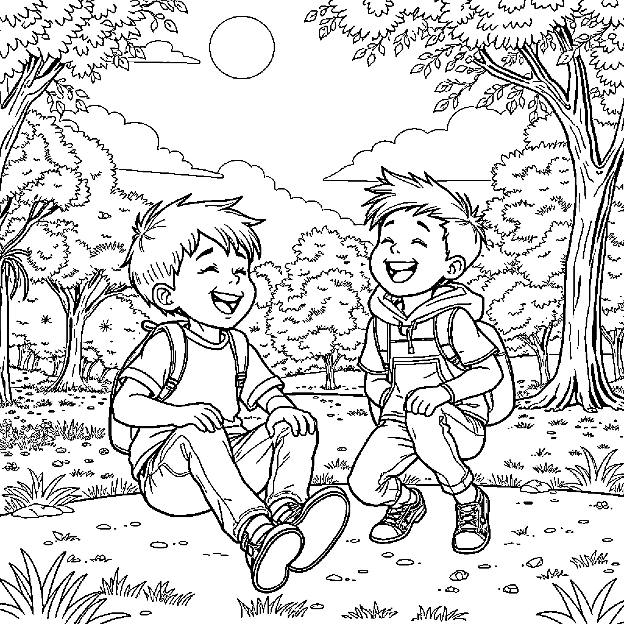 Boys playing happily in a serene forest Coloring Page (free black-and-white line drawing printable PDF for all, from beginners to advanced learners, including children, teens, adults, and seniors)