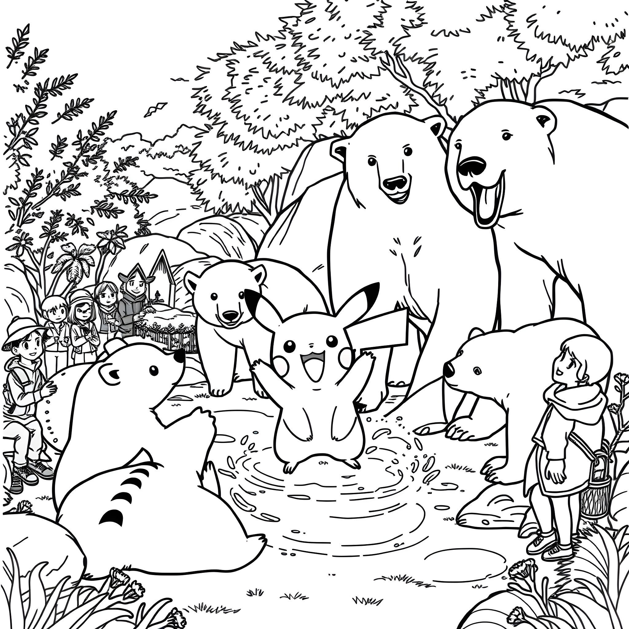 Bluey and Friends Exploring the Wilderness Coloring Page (free black-and-white line drawing printable PDF for all, from beginners to advanced learners, including children, teens, adults, and seniors)