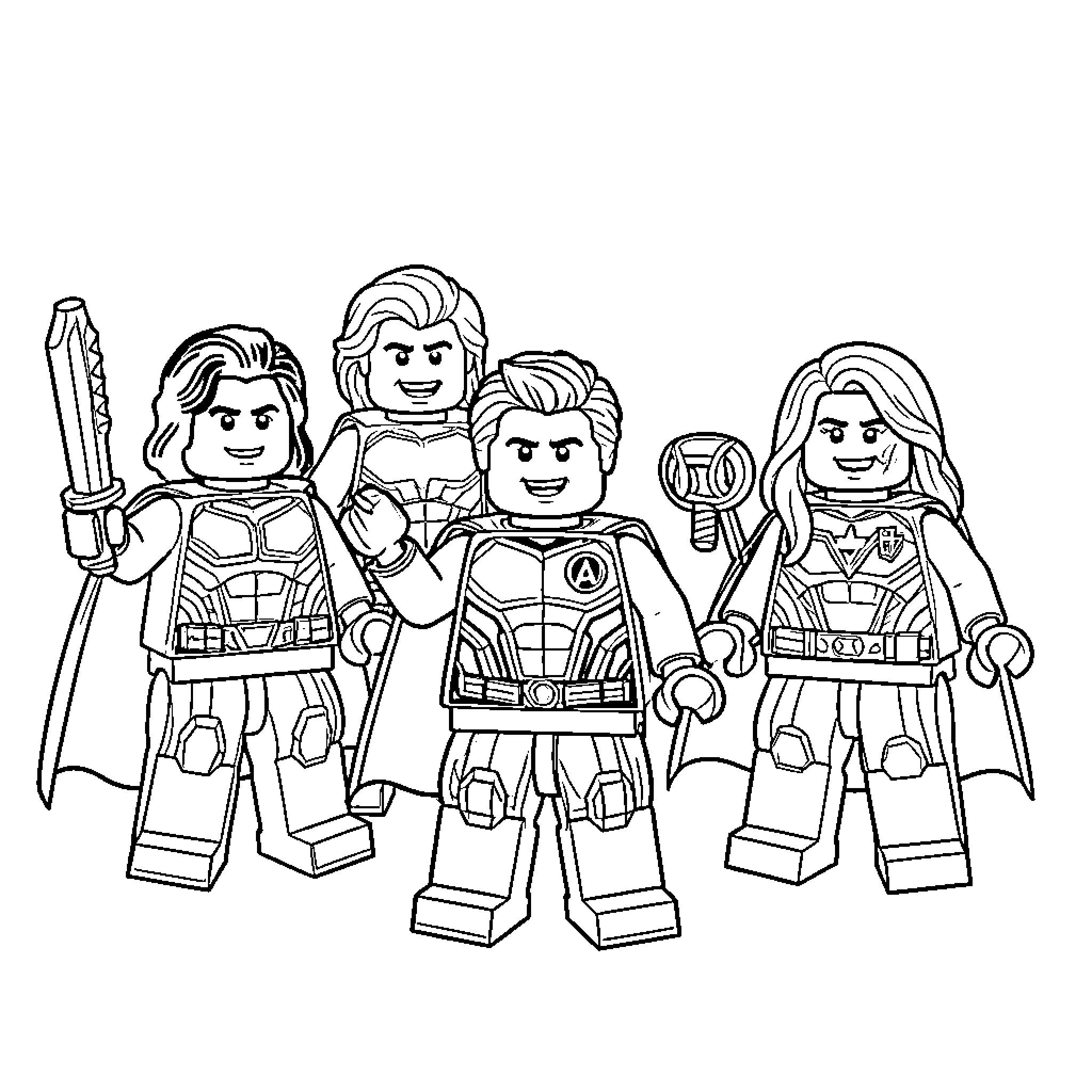 Avenger Superheroes in Action Poses Coloring Page (free black-and-white line drawing printable PDF for all, from beginners to advanced learners, including children, teens, adults, and seniors)