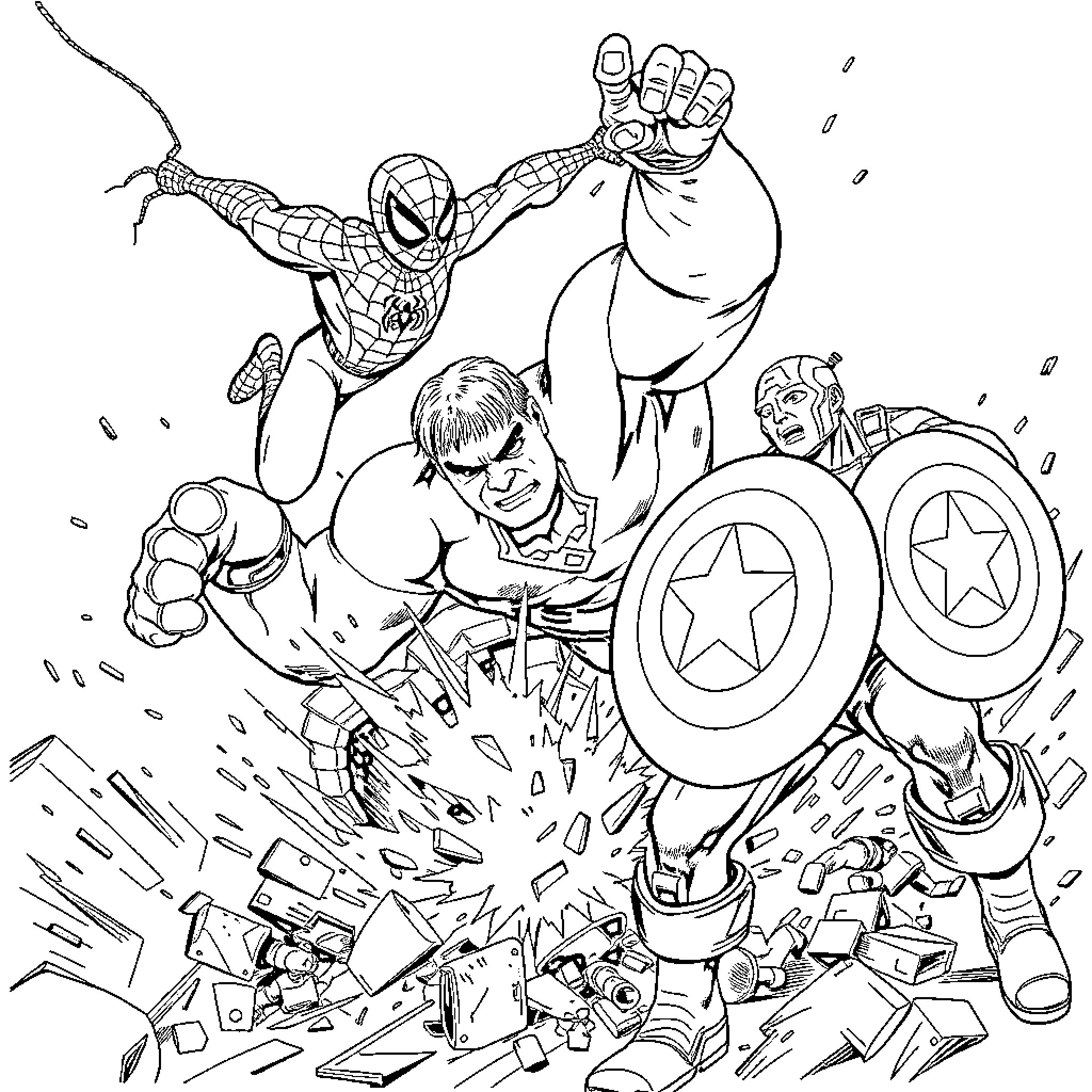 Superhero action scene with crime fighters in action Coloring Page (free black-and-white line drawing printable PDF for all, from beginners to advanced learners, including children, teens, adults, and seniors)