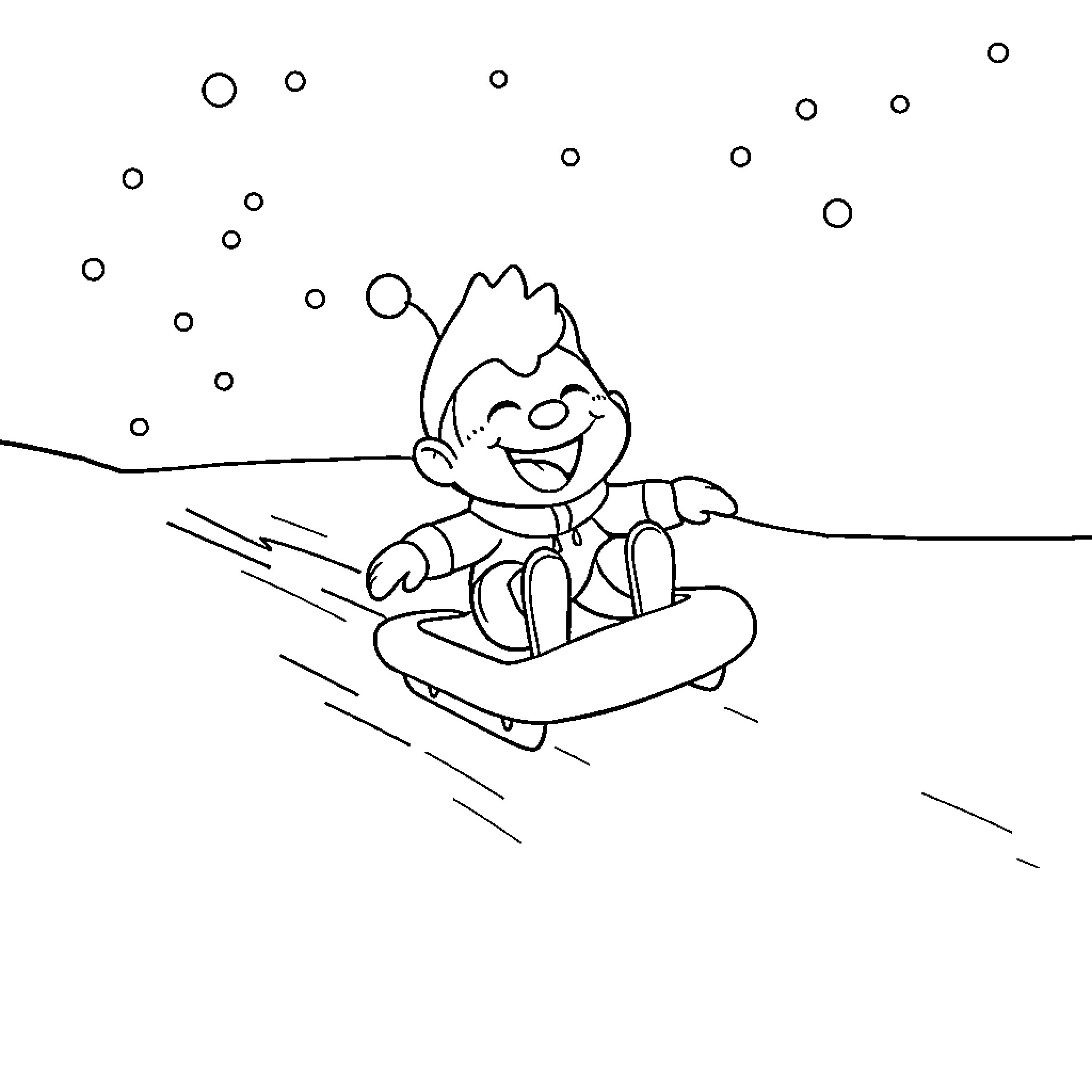 Impmon enjoying a ride on a sled in the snow Coloring Page (free black-and-white line drawing printable PDF for all, from beginners to advanced learners, including children, teens, adults, and seniors)
