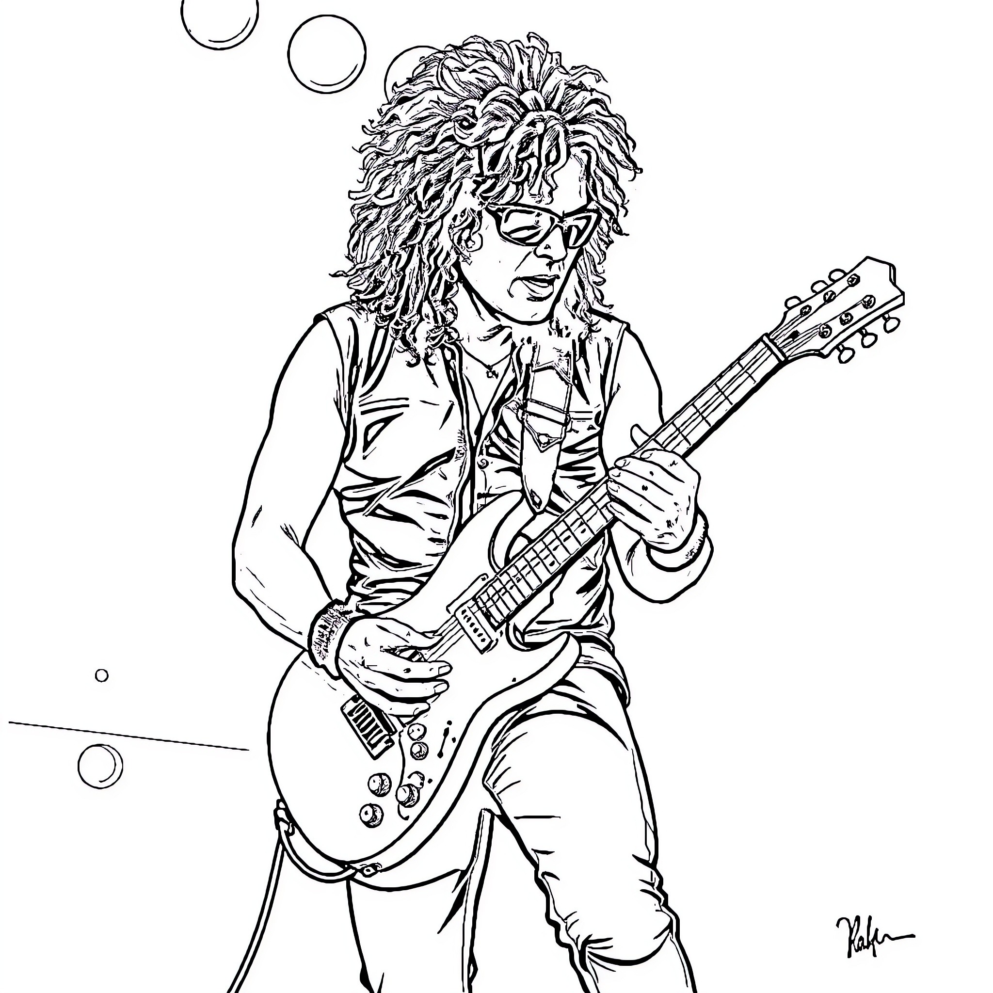 Slash Rocking Out with Guitar on Stage Coloring Page (free black-and-white line drawing printable PDF for all, from beginners to advanced learners, including children, teens, adults, and seniors)
