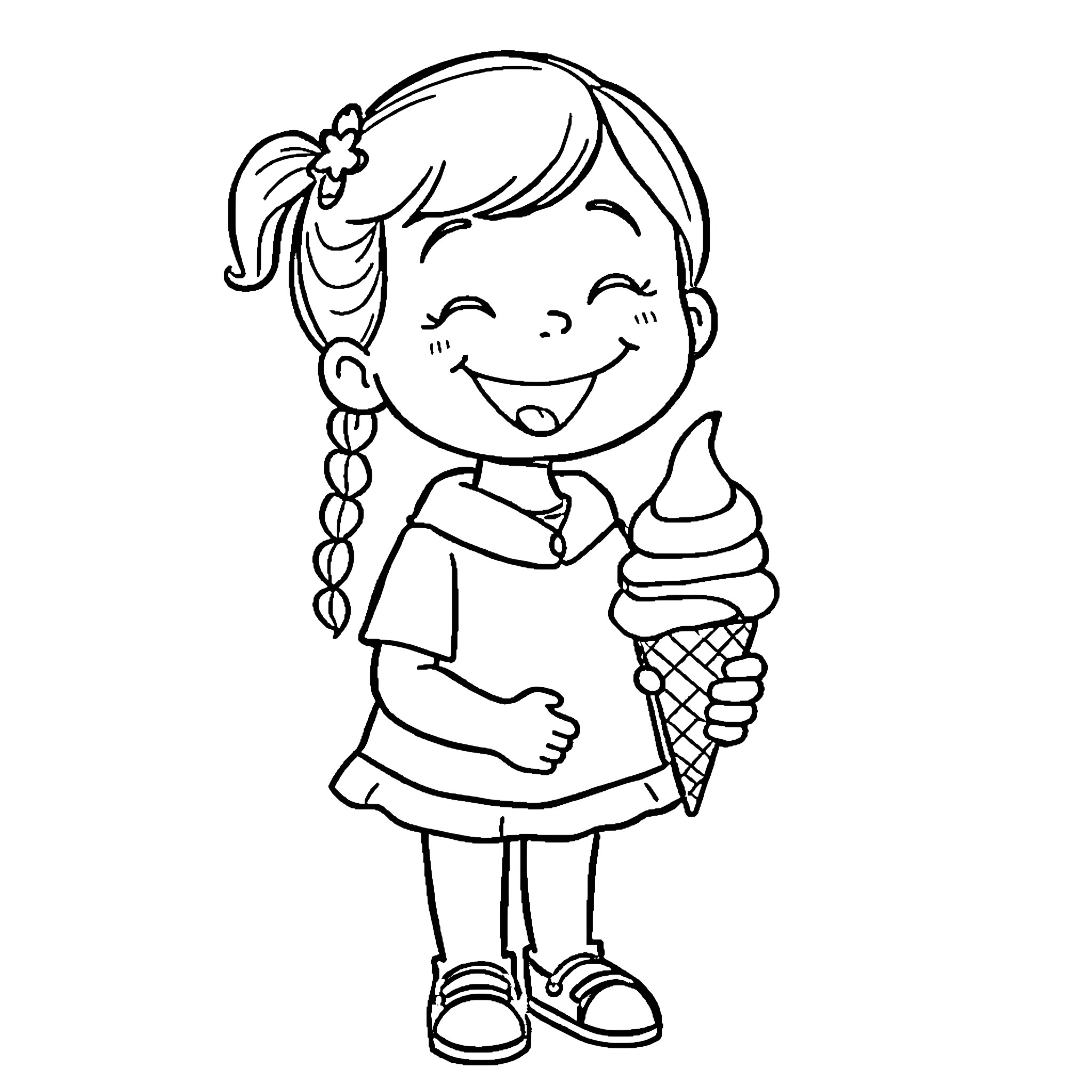 Girl enjoying ice cream on a summer day Coloring Page (free black-and-white line drawing printable PDF for all, from beginners to advanced learners, including children, teens, adults, and seniors)