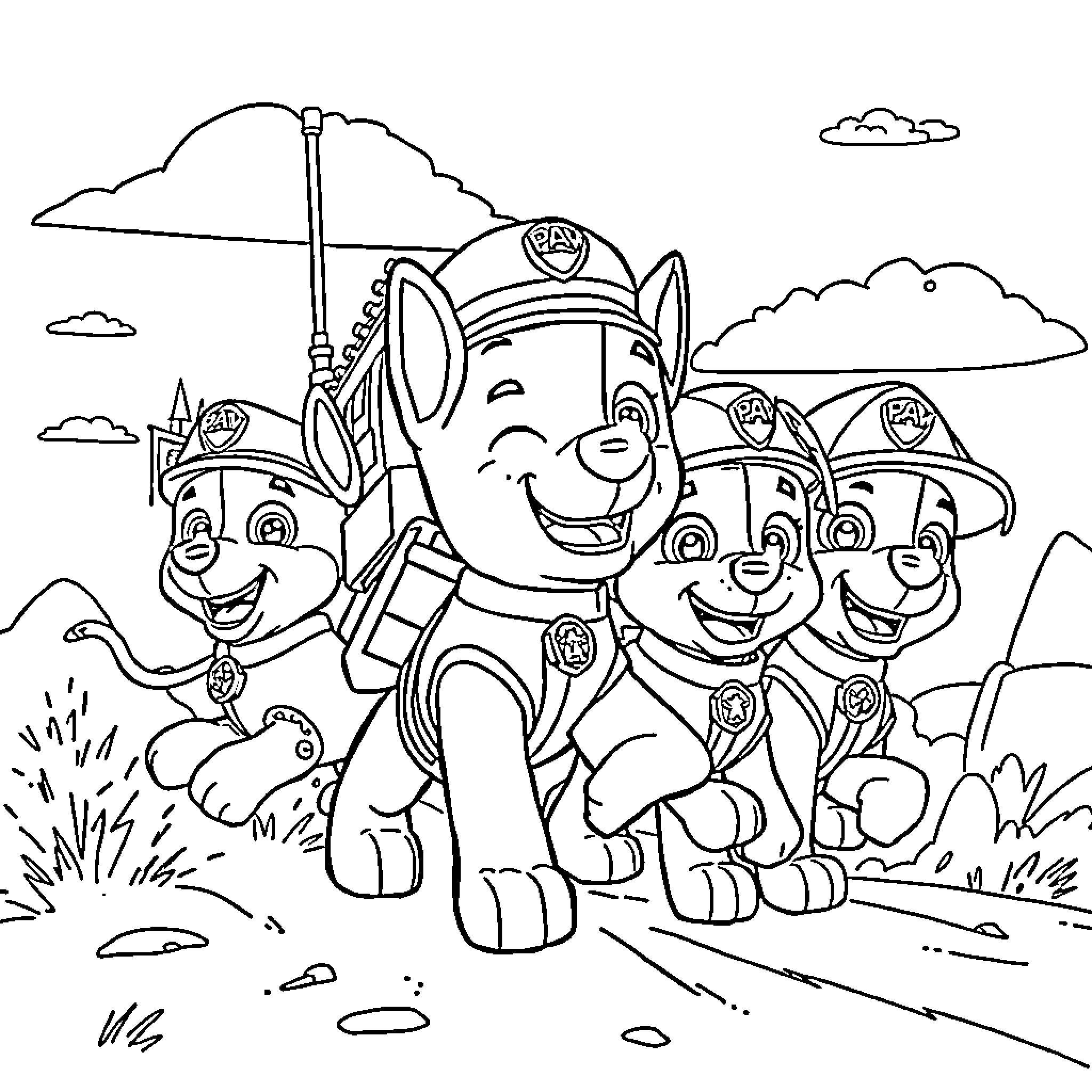 Paw Patrol Pups On An Adventure Coloring Page (free black-and-white line drawing printable PDF for all, from beginners to advanced learners, including children, teens, adults, and seniors)