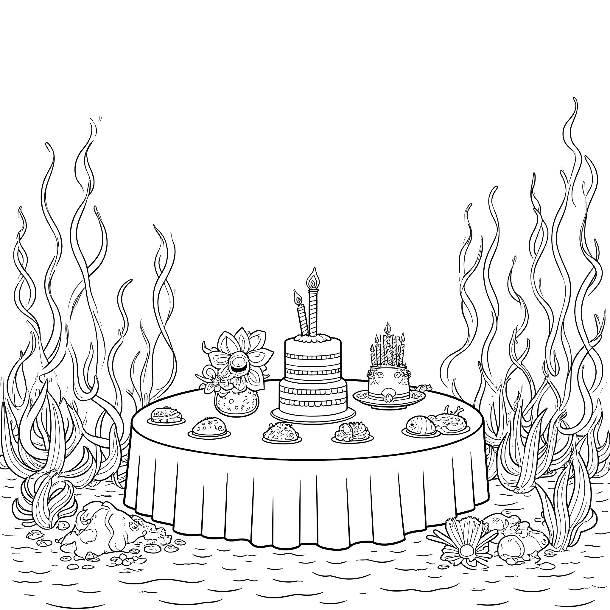 Sea creatures celebrating with cakes and candles Coloring Page (free black-and-white line drawing printable PDF for all, from beginners to advanced learners, including children, teens, adults, and seniors)
