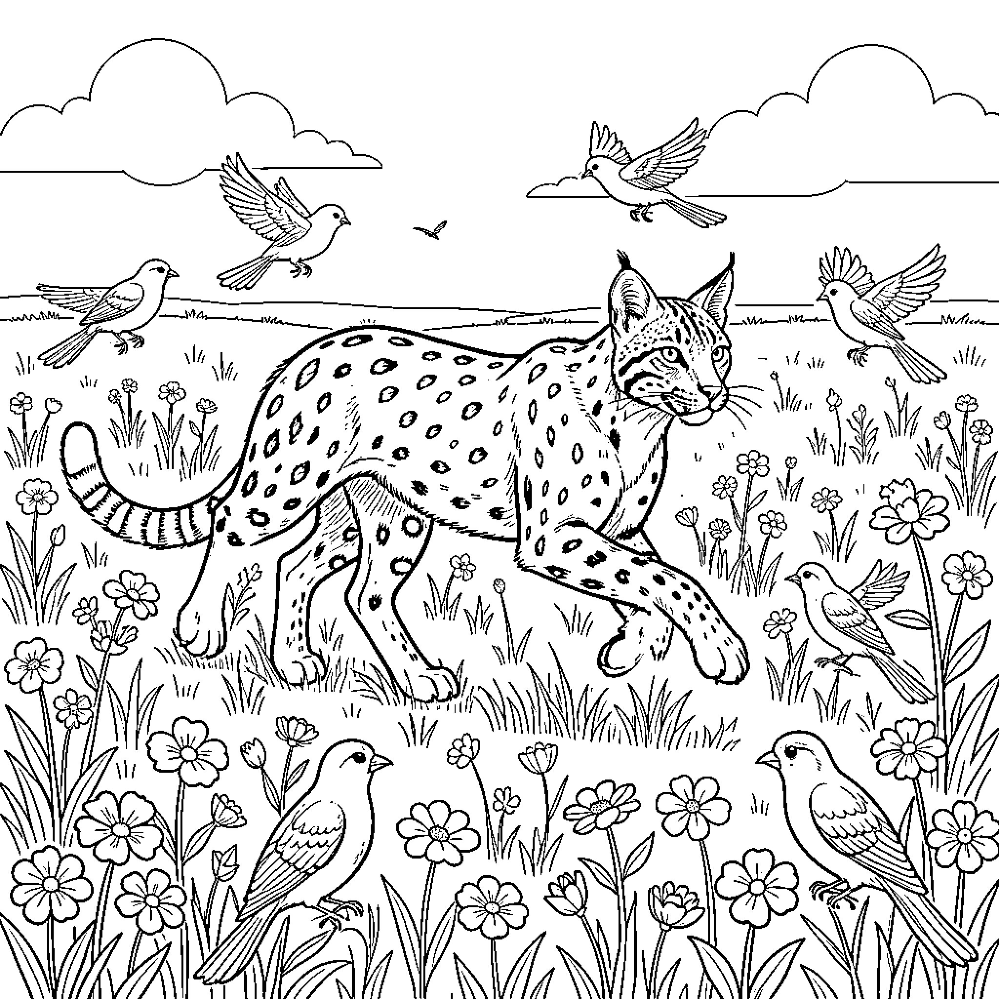 Lynx in the Wildflower Meadow Coloring Page (free black-and-white line drawing printable PDF for all, from beginners to advanced learners, including children, teens, adults, and seniors)