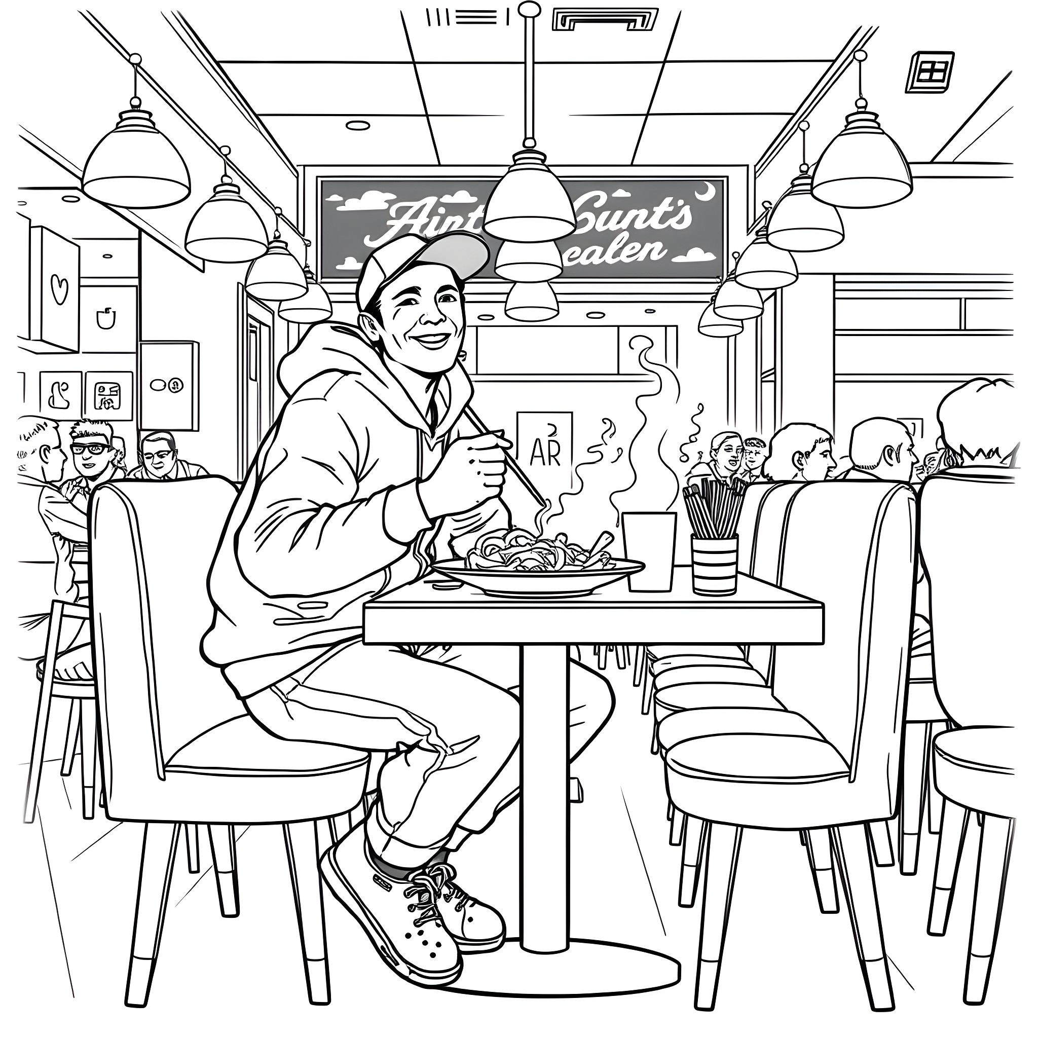 Man enjoying a meal in a diner Coloring Page (free black-and-white line drawing printable PDF for all, from beginners to advanced learners, including children, teens, adults, and seniors)