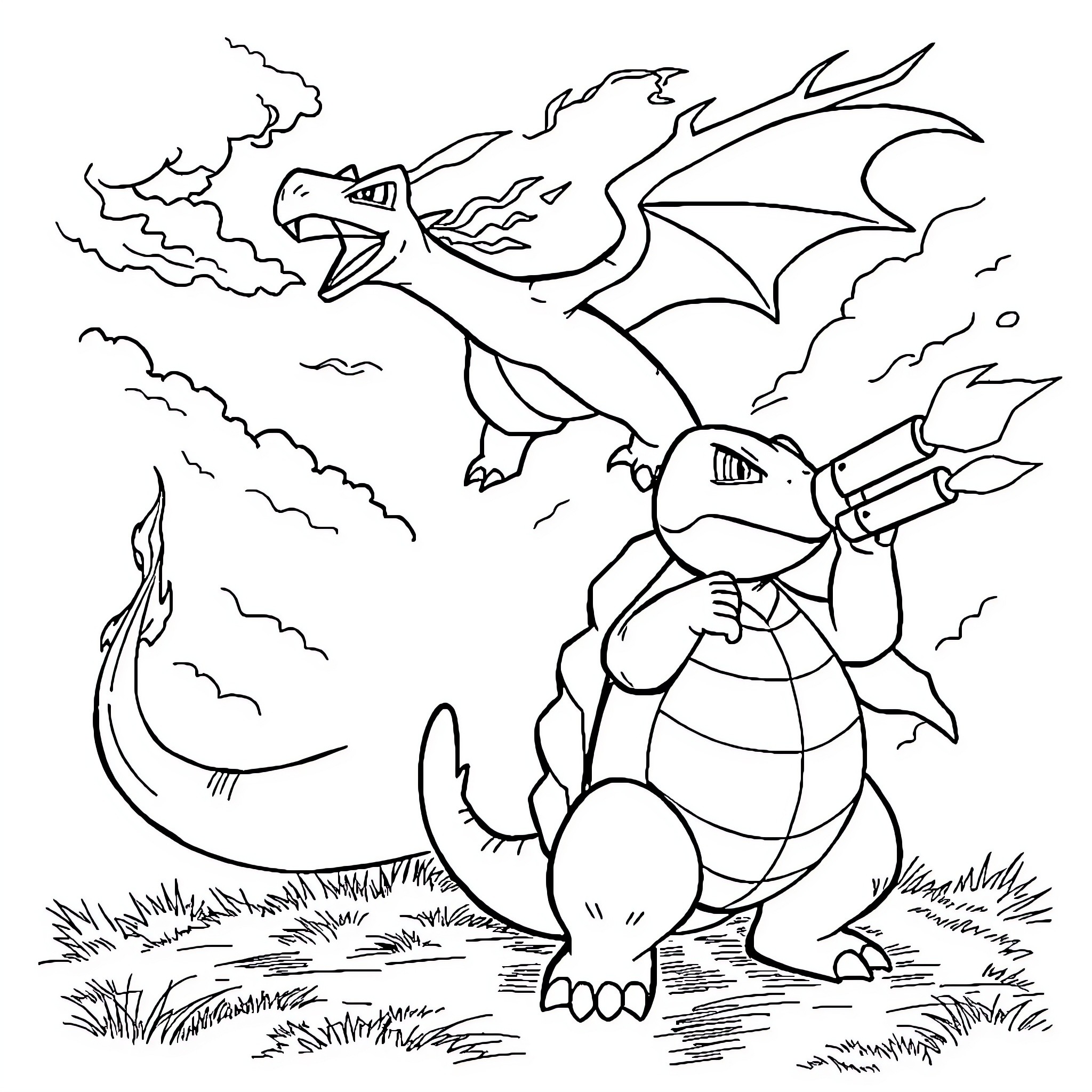 Charizard breathing fire at Wartortle in the wild Coloring Page (free black-and-white line drawing printable PDF for all, from beginners to advanced learners, including children, teens, adults, and seniors)