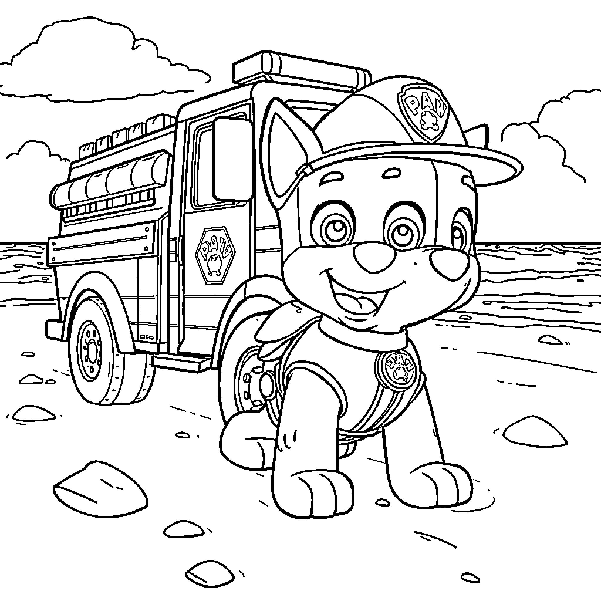 Marshall the Pup and the Paw Patrol Fire Truck Coloring Page (free black-and-white line drawing printable PDF for all, from beginners to advanced learners, including children, teens, adults, and seniors)