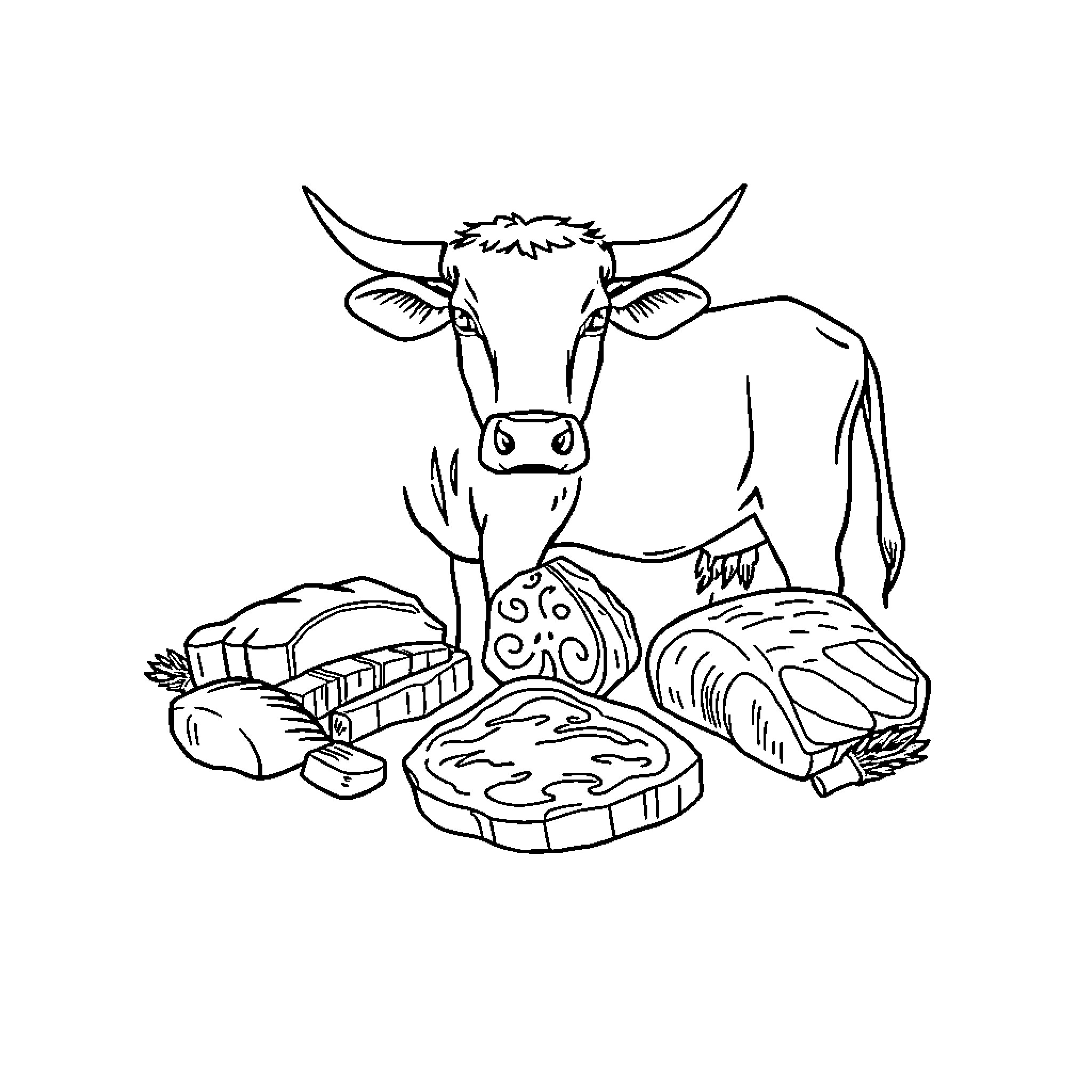 Beef products and cuts on display Coloring Page (free black-and-white line drawing printable PDF for all, from beginners to advanced learners, including children, teens, adults, and seniors)