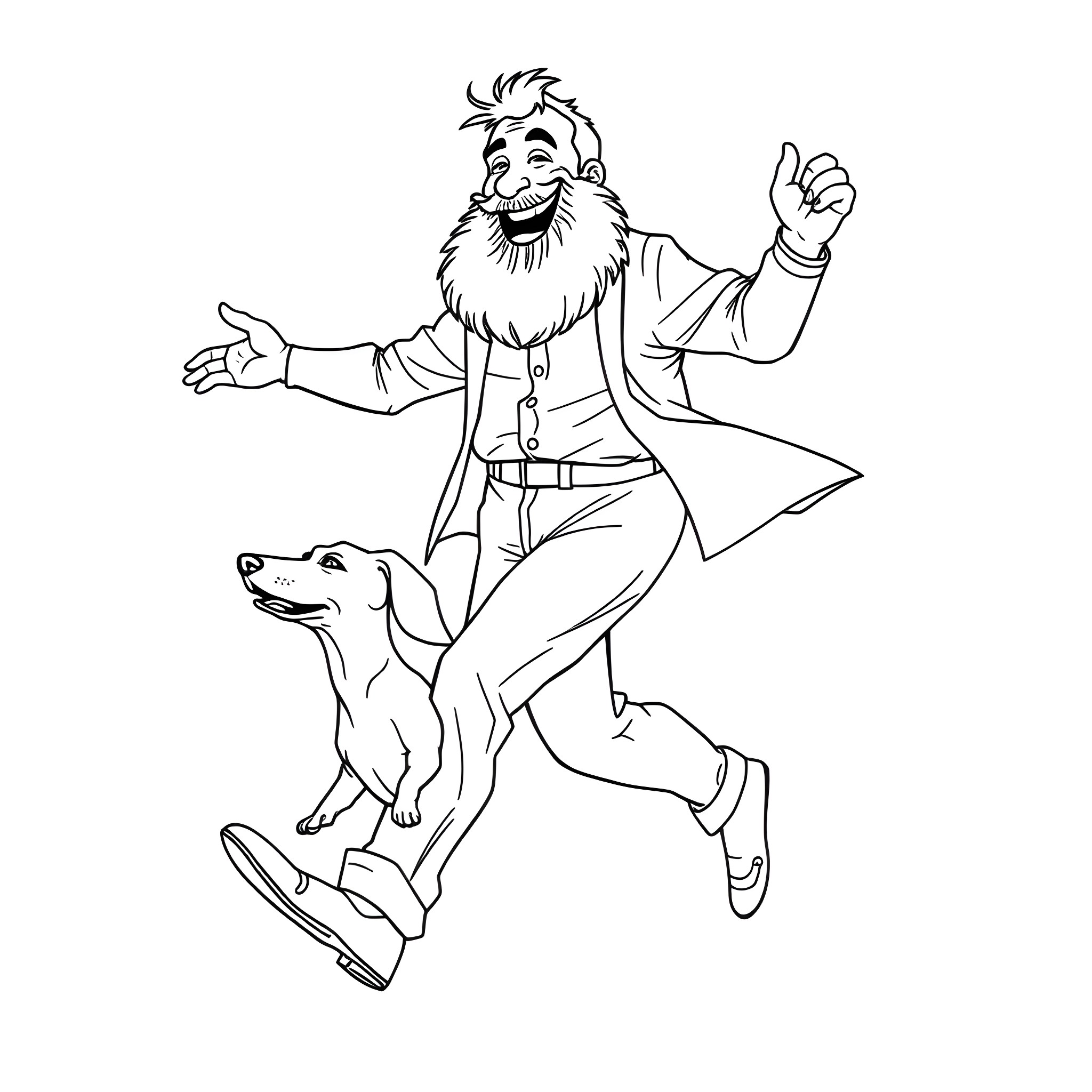 Man with dog jumping happily Coloring Page (free black-and-white line drawing printable PDF for all, from beginners to advanced learners, including children, teens, adults, and seniors)