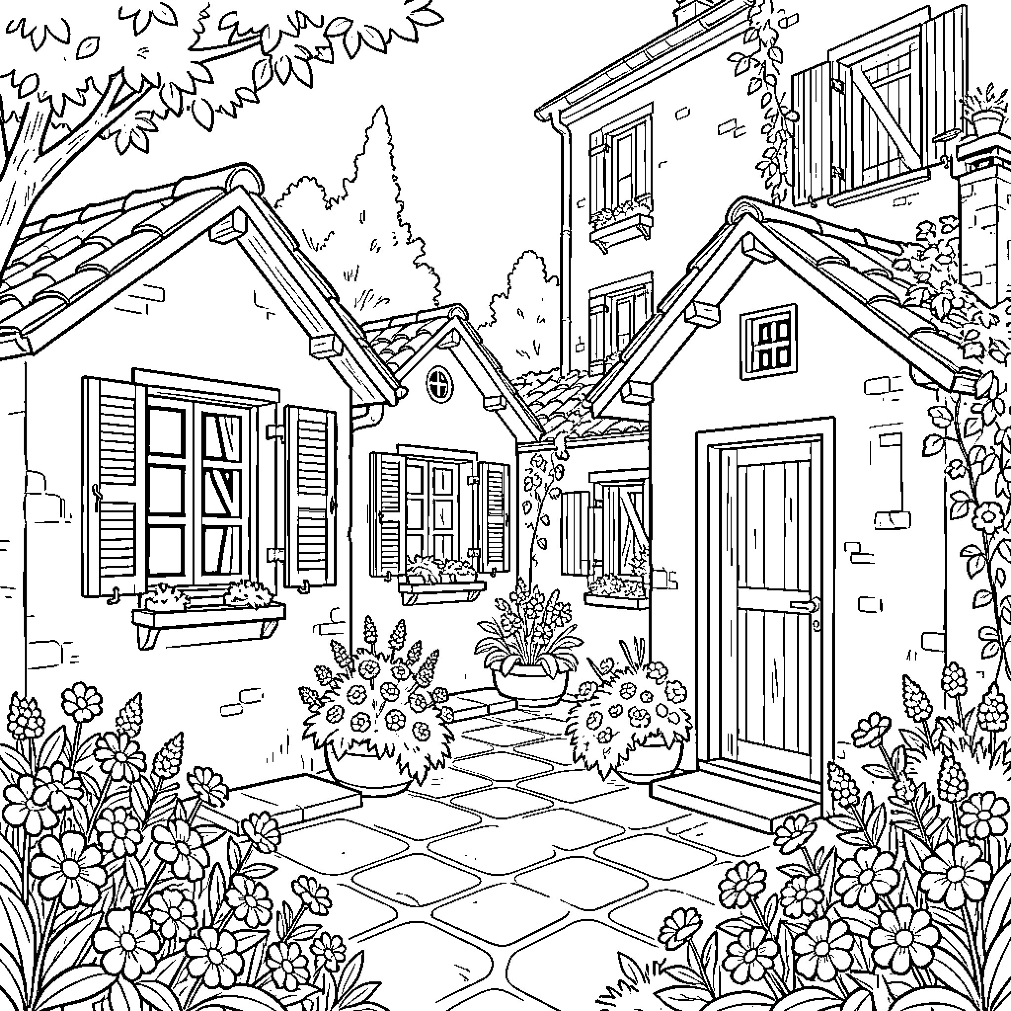 Italian Courtyard featuring charming stone houses and lush gardens Coloring Page (free black-and-white line drawing printable PDF for all, from beginners to advanced learners, including children, teens, adults, and seniors)