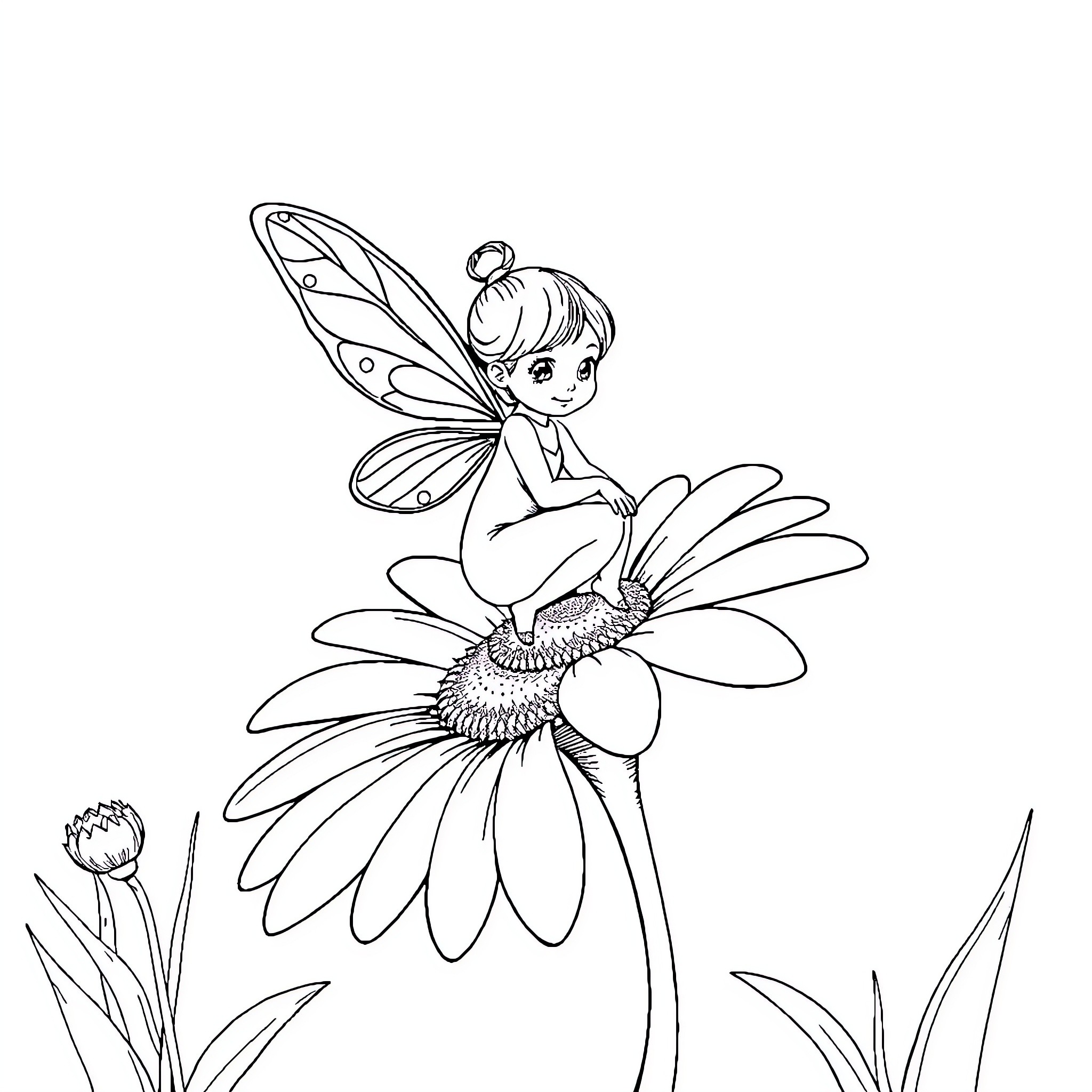 Fairy sitting on a flower Coloring Page (free black-and-white line drawing printable PDF for all, from beginners to advanced learners, including children, teens, adults, and seniors)