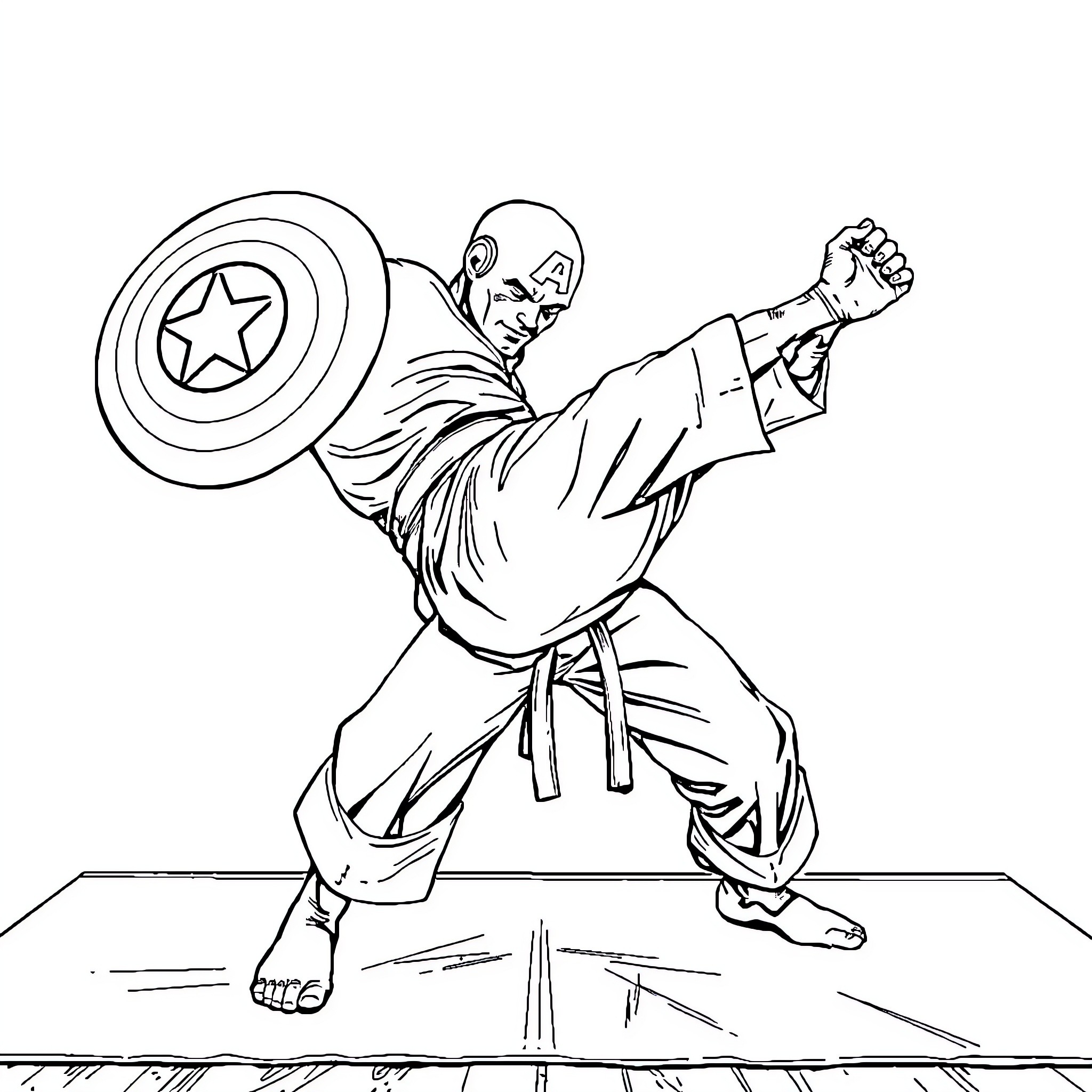 Captain America in Fighting Stance with Shield Coloring Page (free black-and-white line drawing printable PDF for all, from beginners to advanced learners, including children, teens, adults, and seniors)