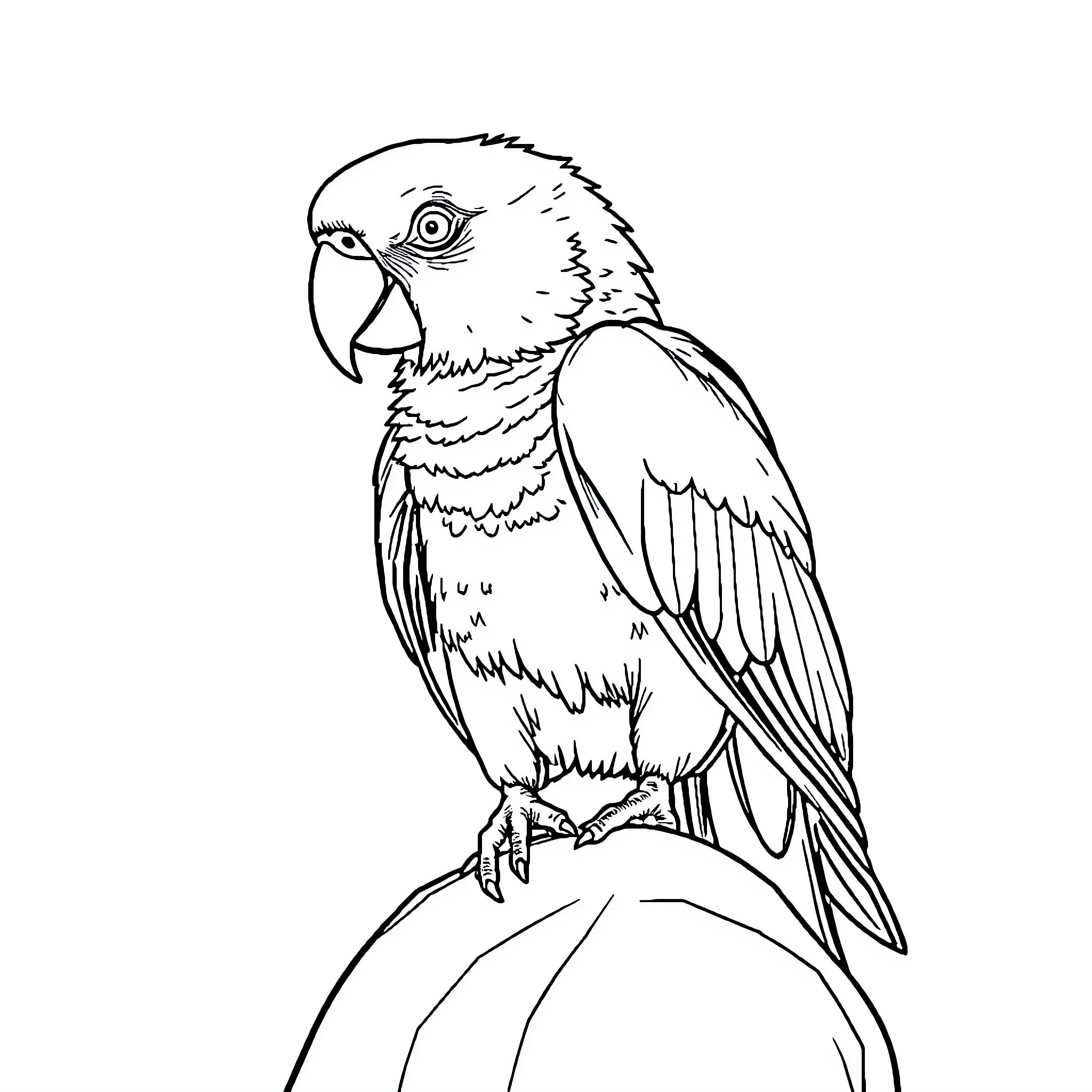 Parrot perched with feathered elegance Coloring Page (free black-and-white line drawing printable PDF for all, from beginners to advanced learners, including children, teens, adults, and seniors)