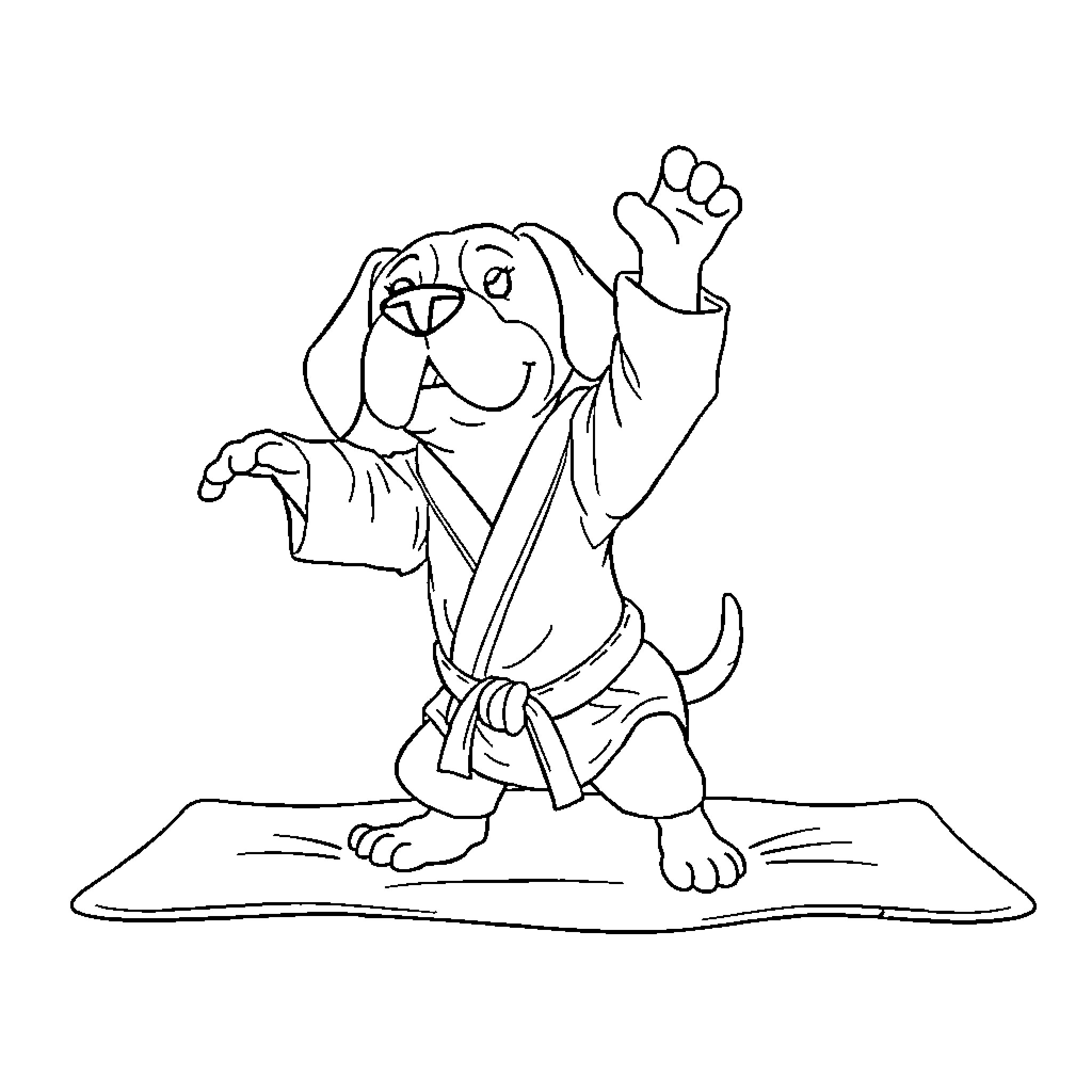 Beagle practicing martial arts on floor mat Coloring Page (free black-and-white line drawing printable PDF for all, from beginners to advanced learners, including children, teens, adults, and seniors)