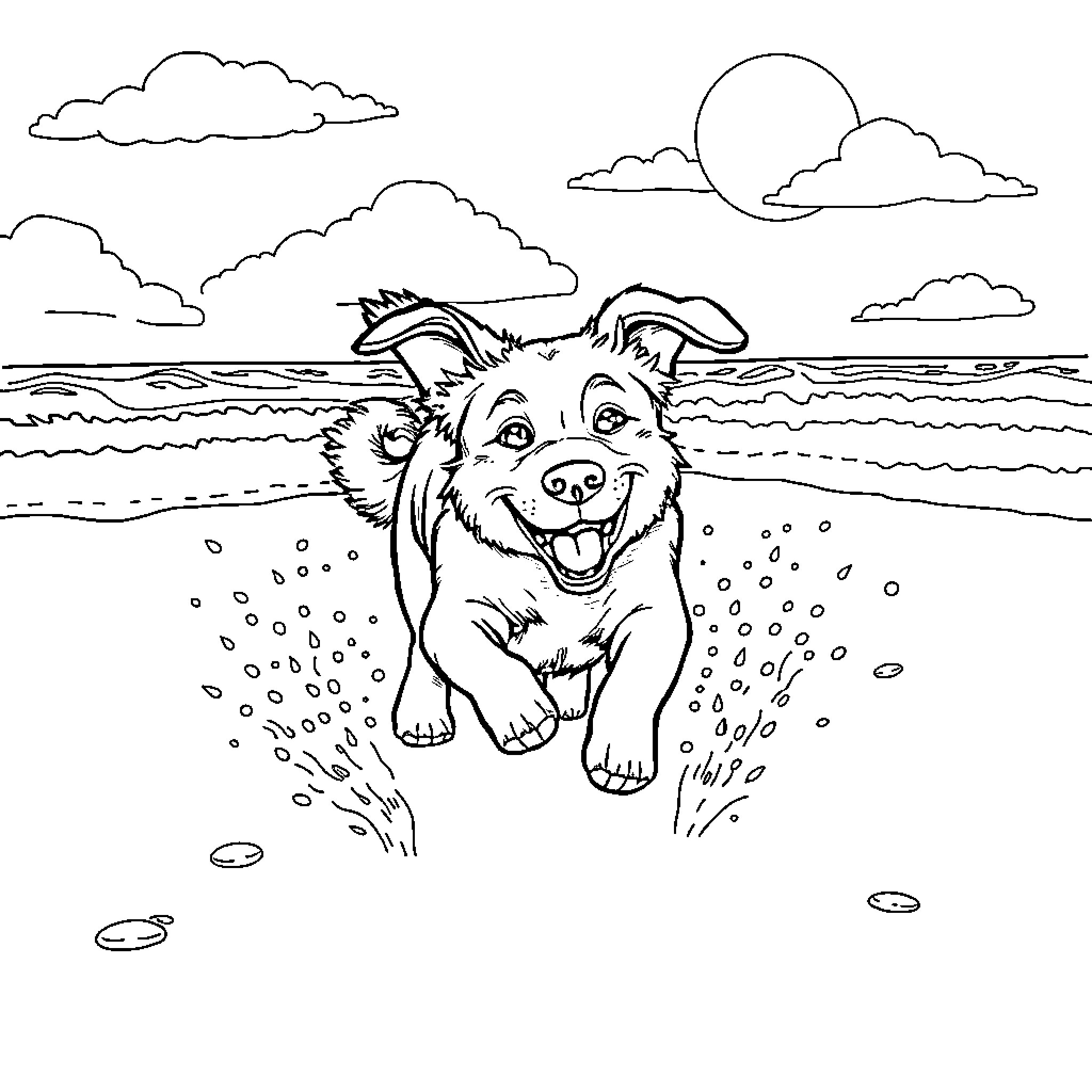 Dog happily running on the beach Coloring Page (free black-and-white line drawing printable PDF for all, from beginners to advanced learners, including children, teens, adults, and seniors)