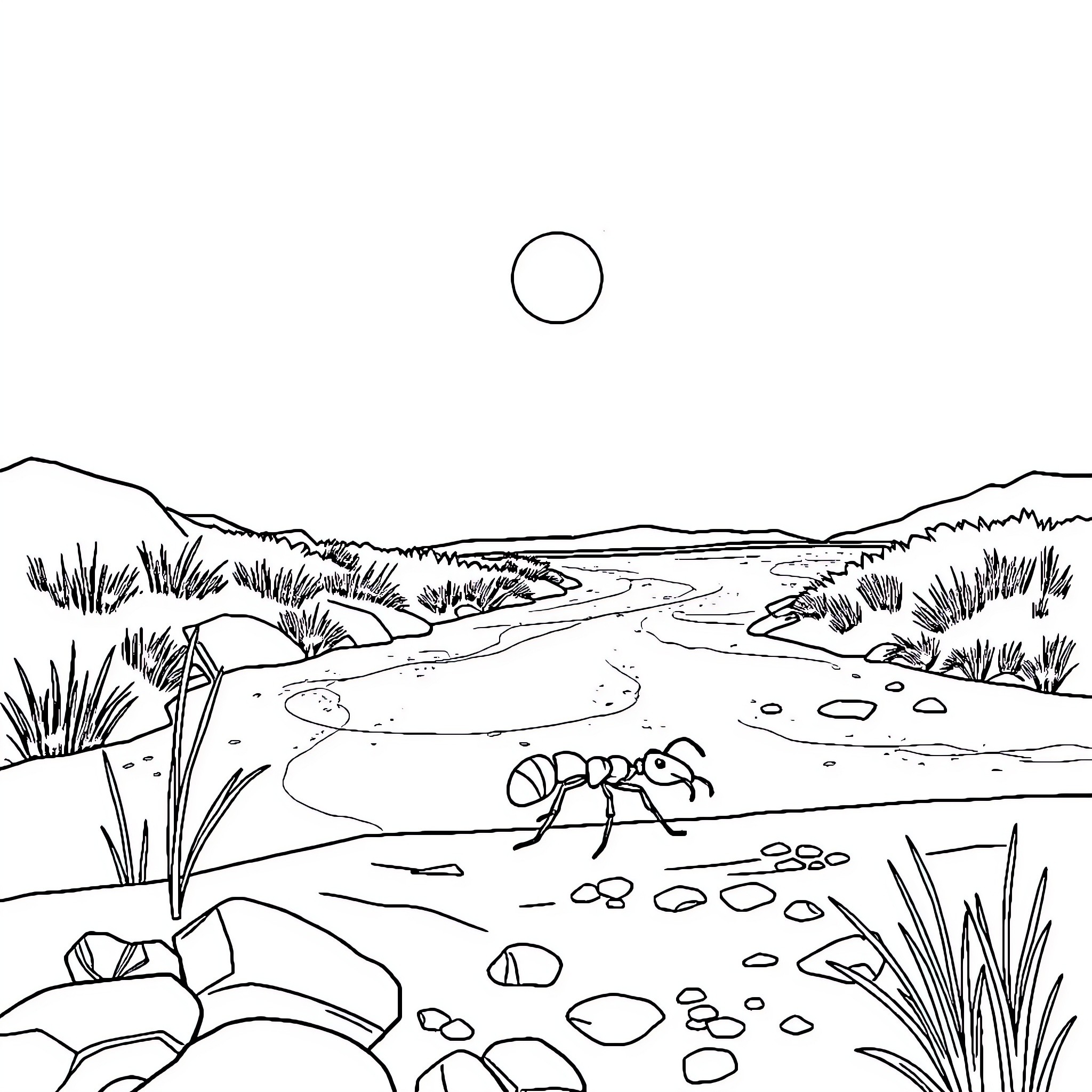 Ant exploring serene natural landscape Coloring Page (free black-and-white line drawing printable PDF for all, from beginners to advanced learners, including children, teens, adults, and seniors)