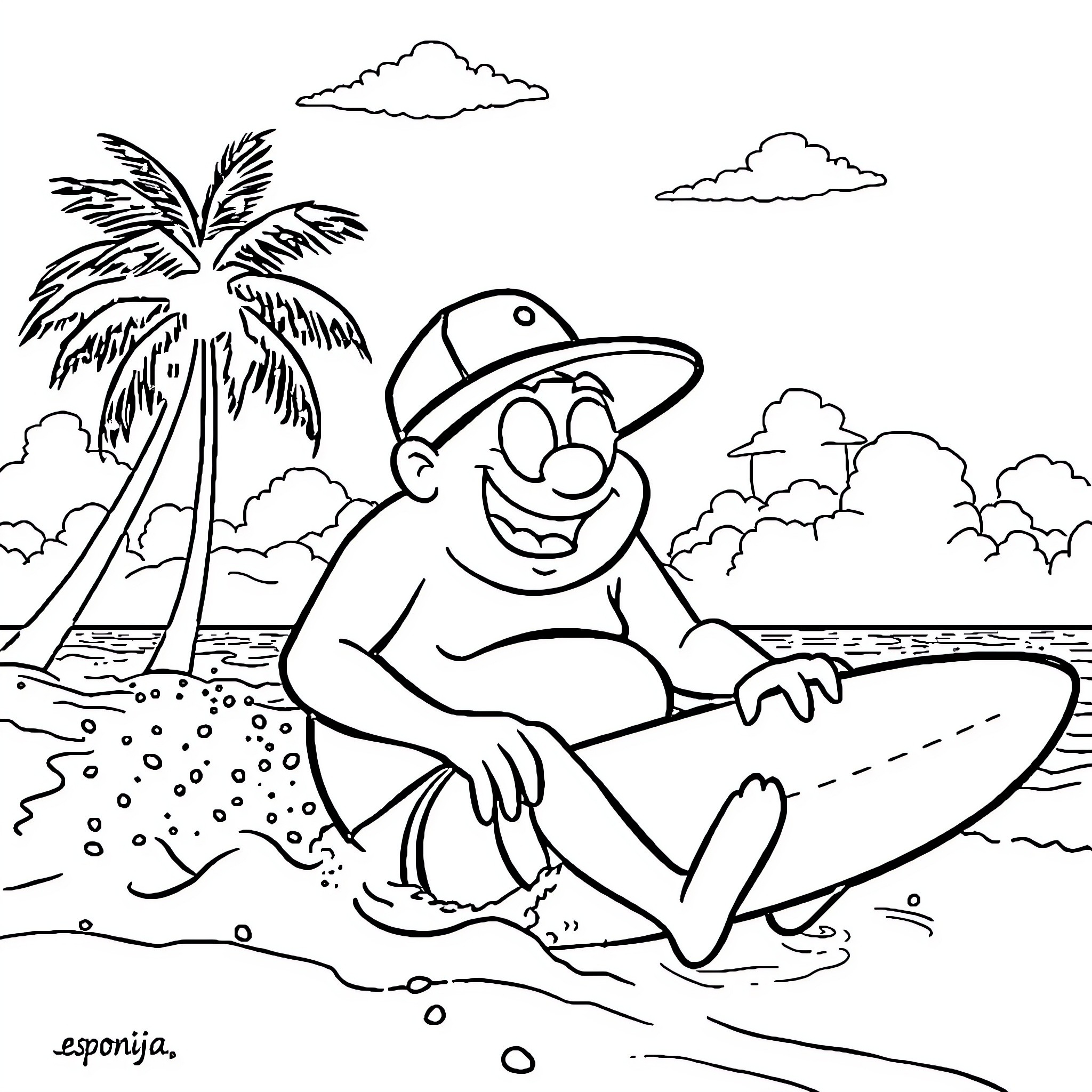 Bob esponja relaxing on the beach with palm trees Coloring Page (free black-and-white line drawing printable PDF for all, from beginners to advanced learners, including children, teens, adults, and seniors)