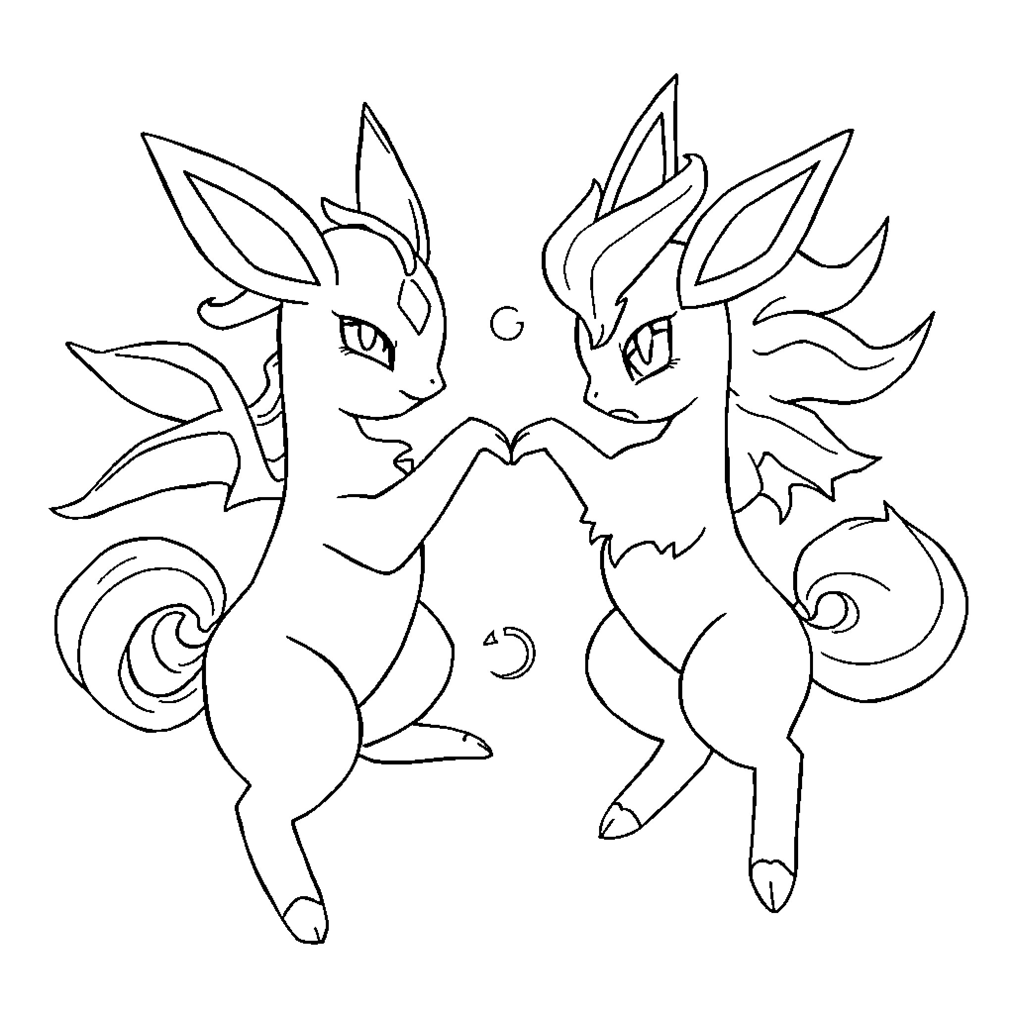 Vaporeon playfully interacting with another Pokemon Coloring Page (free black-and-white line drawing printable PDF for all, from beginners to advanced learners, including children, teens, adults, and seniors)