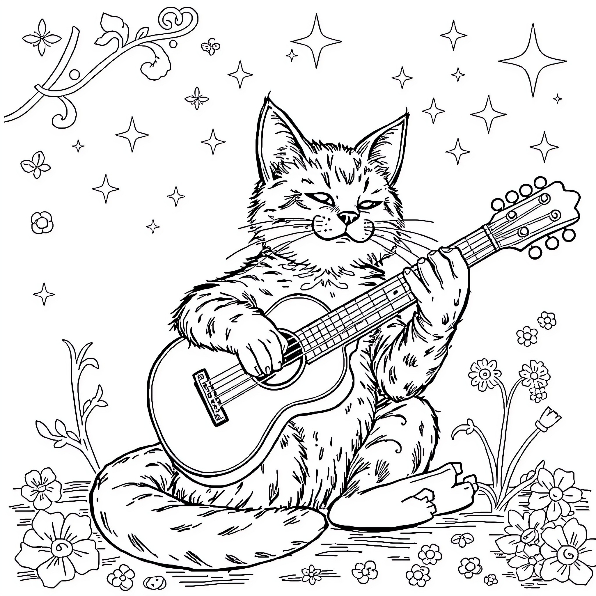 Gato playing guitar amidst the stars and flowers Coloring Page (free black-and-white line drawing printable PDF for all, from beginners to advanced learners, including children, teens, adults, and seniors)