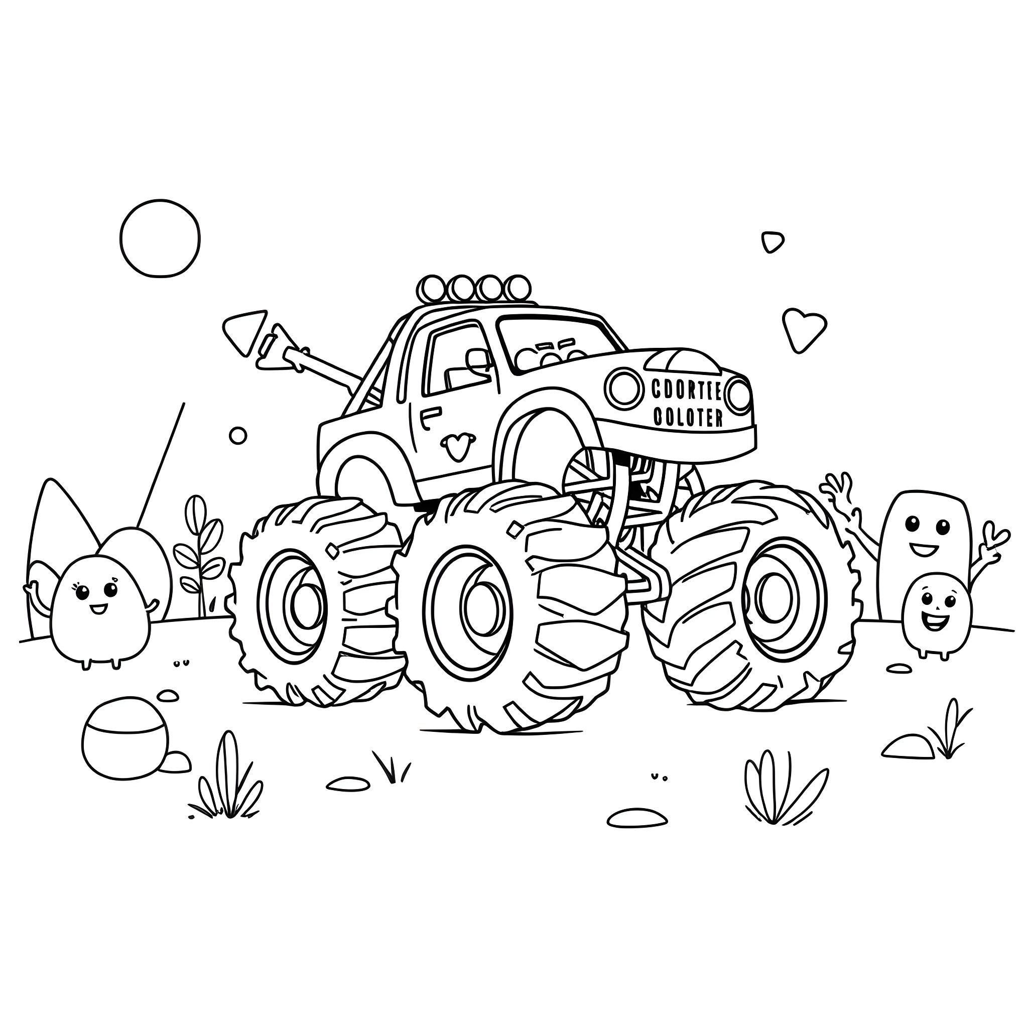 Monster Truck Going Off-Road with Cute Characters Coloring Page (free black-and-white line drawing printable PDF for all, from beginners to advanced learners, including children, teens, adults, and seniors)