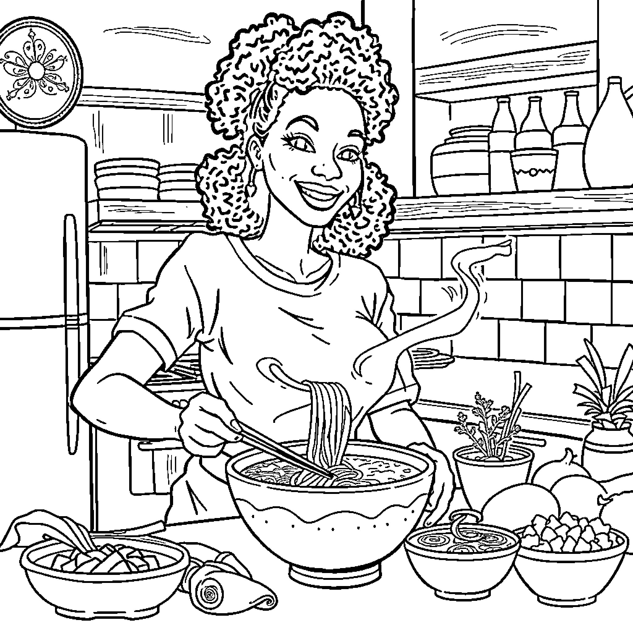 Woman cooking a meal in the kitchen Coloring Page (free black-and-white line drawing printable PDF for all, from beginners to advanced learners, including children, teens, adults, and seniors)