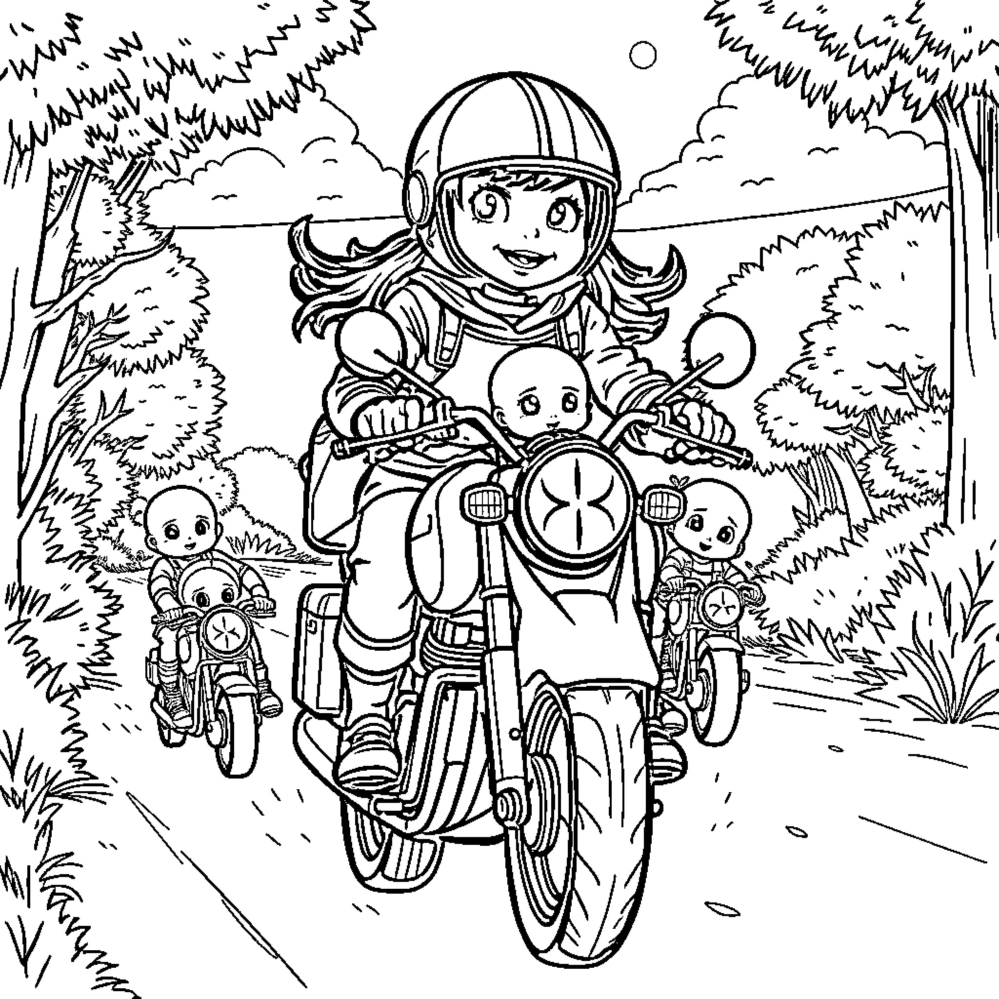 Motorcycle adventure in a forest wonderland Coloring Page (free black-and-white line drawing printable PDF for all, from beginners to advanced learners, including children, teens, adults, and seniors)