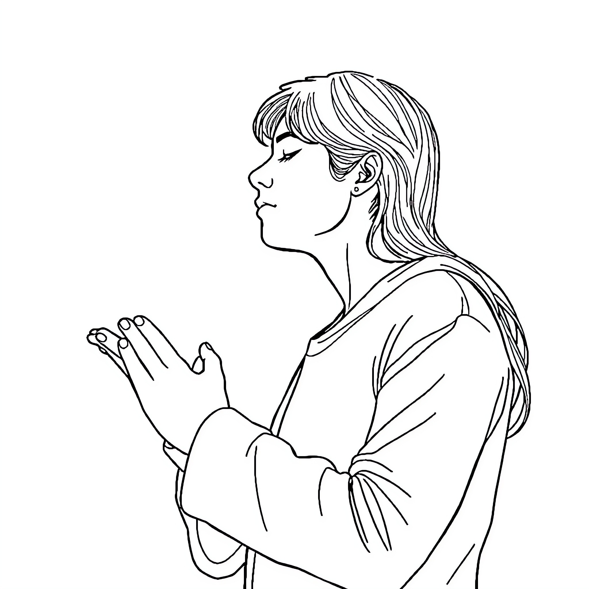 Person in deep thought with hands clasped Coloring Page (free black-and-white line drawing printable PDF for all, from beginners to advanced learners, including children, teens, adults, and seniors)