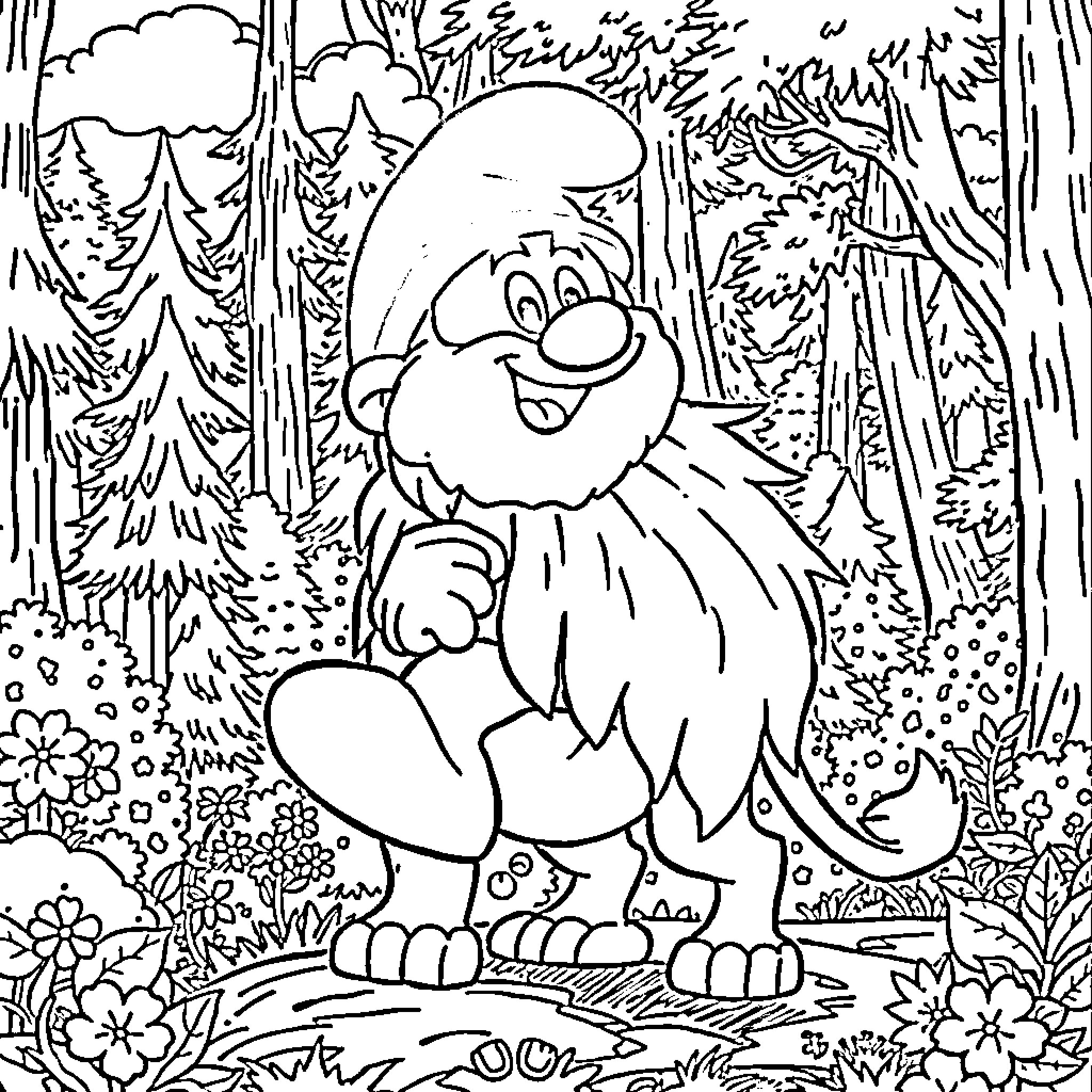 Papa Smurf Enjoying the Forest Scenery Coloring Page (free black-and-white line drawing printable PDF for all, from beginners to advanced learners, including children, teens, adults, and seniors)