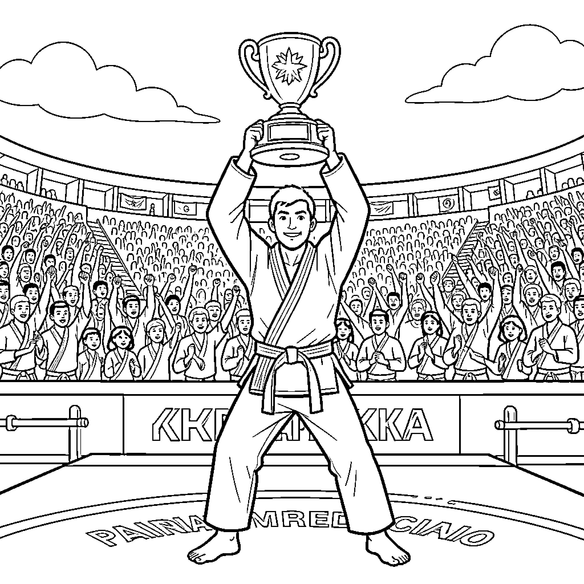 Karate champion holding a trophy in a crowded arena Coloring Page (free black-and-white line drawing printable PDF for all, from beginners to advanced learners, including children, teens, adults, and seniors)