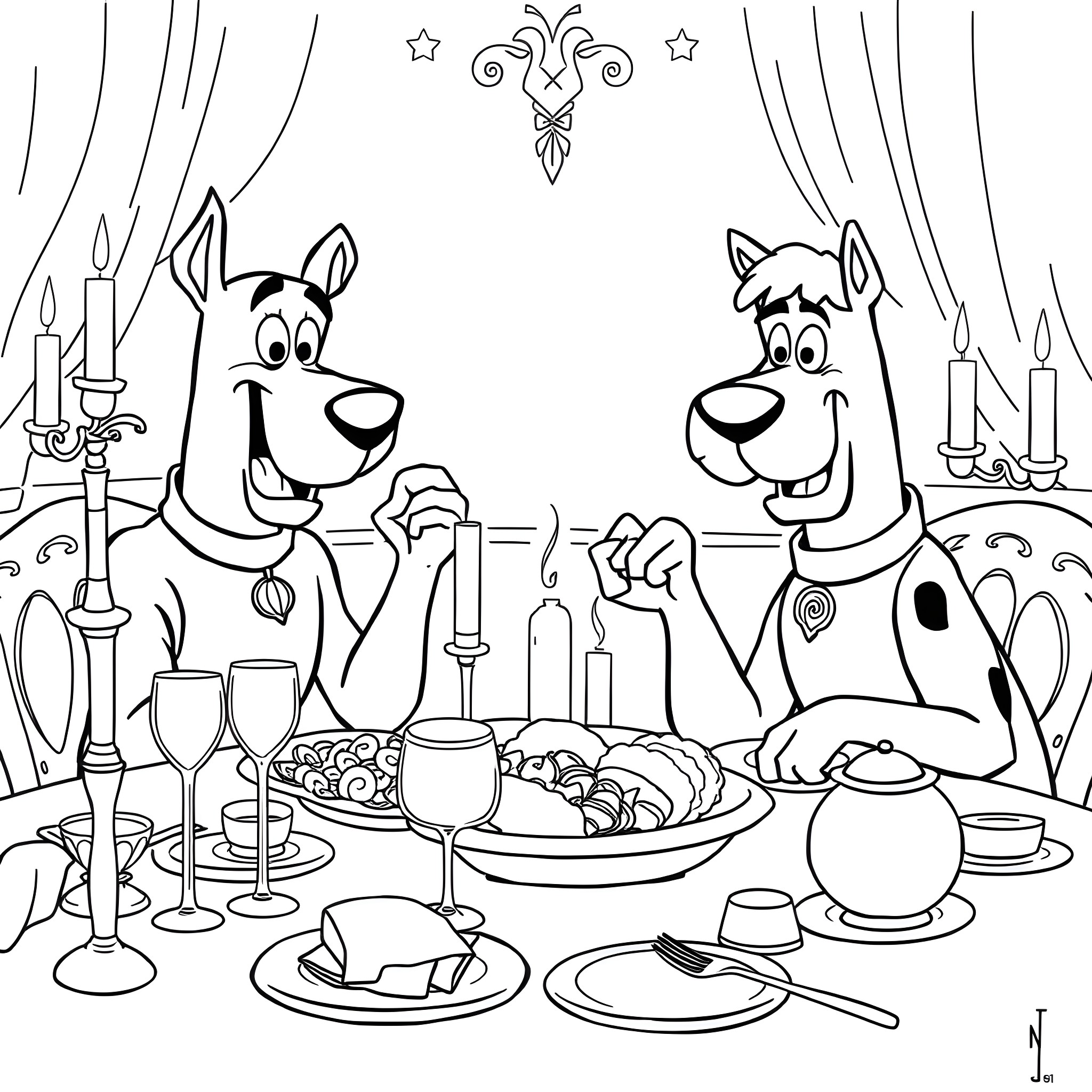 Scooby Doo and Shaggy Enjoying a Festive Dinner Coloring Page (free black-and-white line drawing printable PDF for all, from beginners to advanced learners, including children, teens, adults, and seniors)