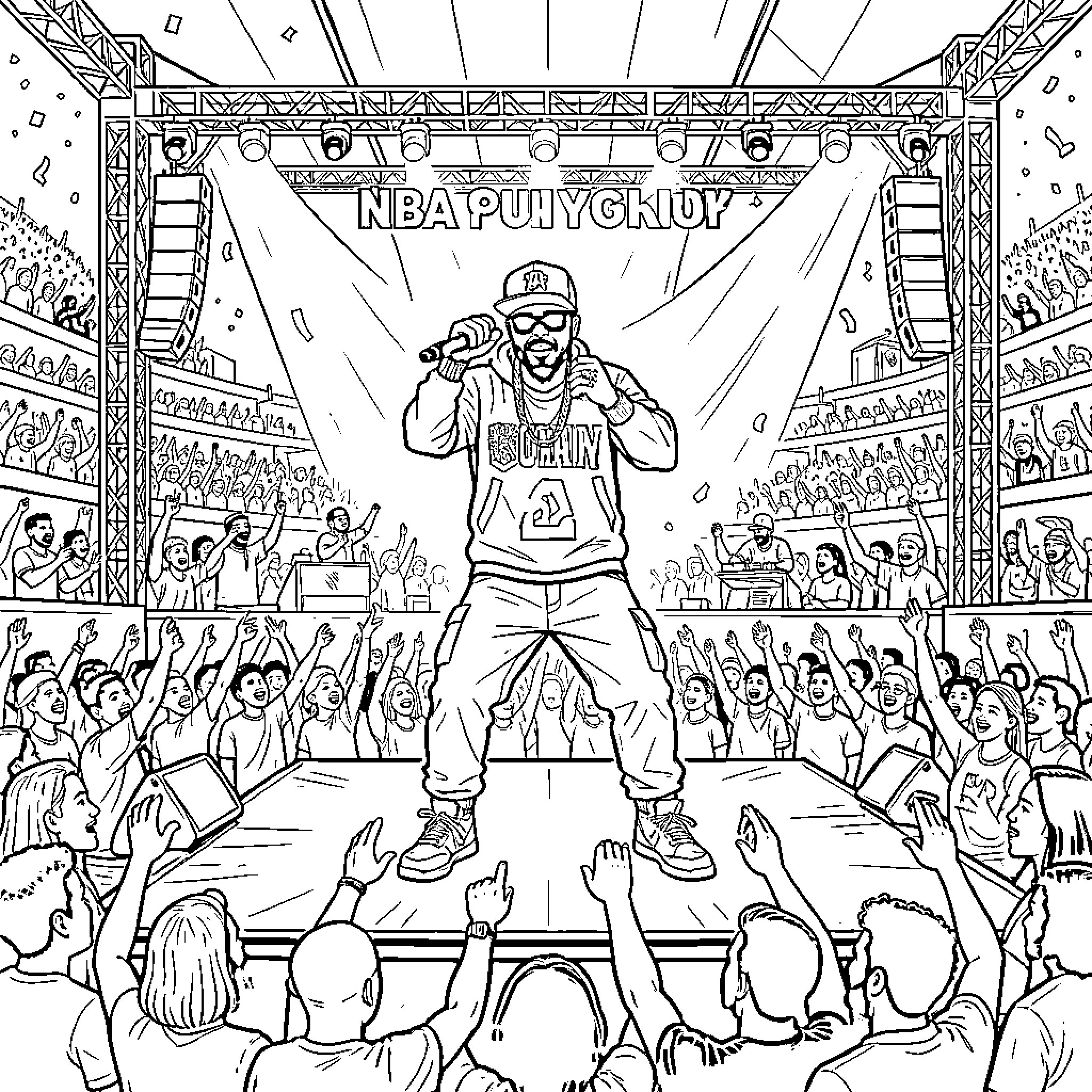 NBA YoungBoy performing energetically on a concert stage Coloring Page (free black-and-white line drawing printable PDF for all, from beginners to advanced learners, including children, teens, adults, and seniors)