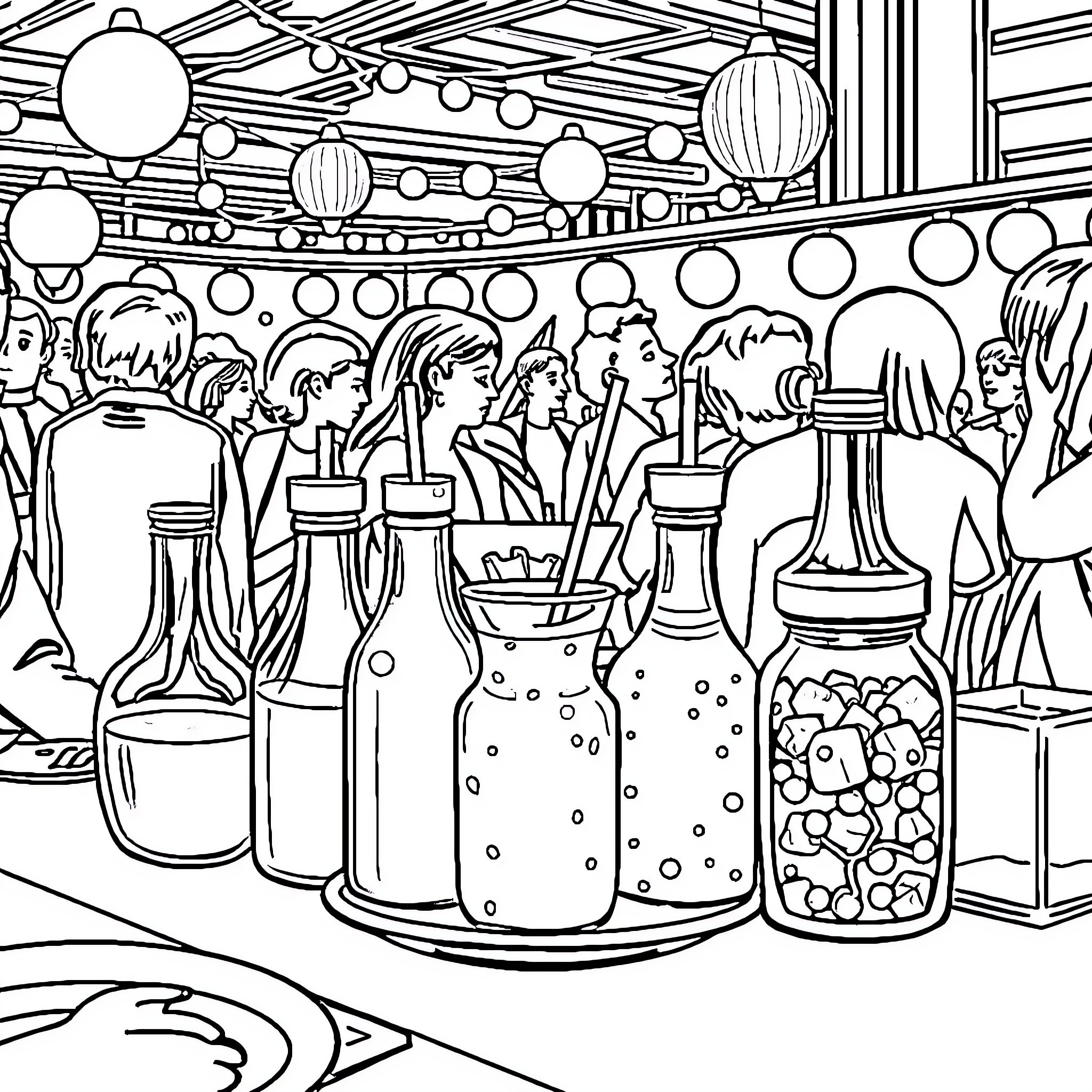 Condiment Bottles Celebrating in a Lively Party Coloring Page (free black-and-white line drawing printable PDF for all, from beginners to advanced learners, including children, teens, adults, and seniors)