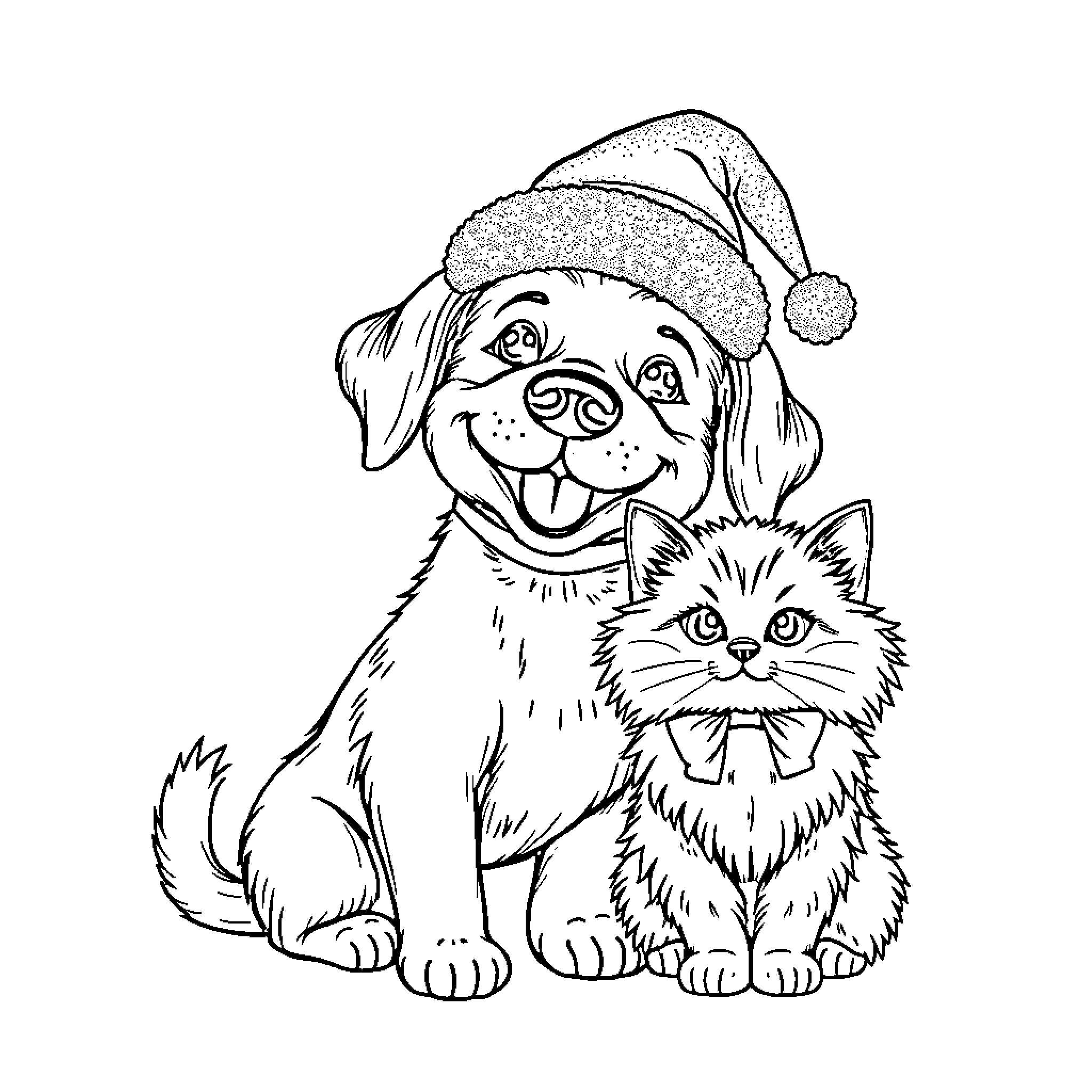 Dog and Cat Wearing Santa Hats Coloring Page (free black-and-white line drawing printable PDF for all, from beginners to advanced learners, including children, teens, adults, and seniors)