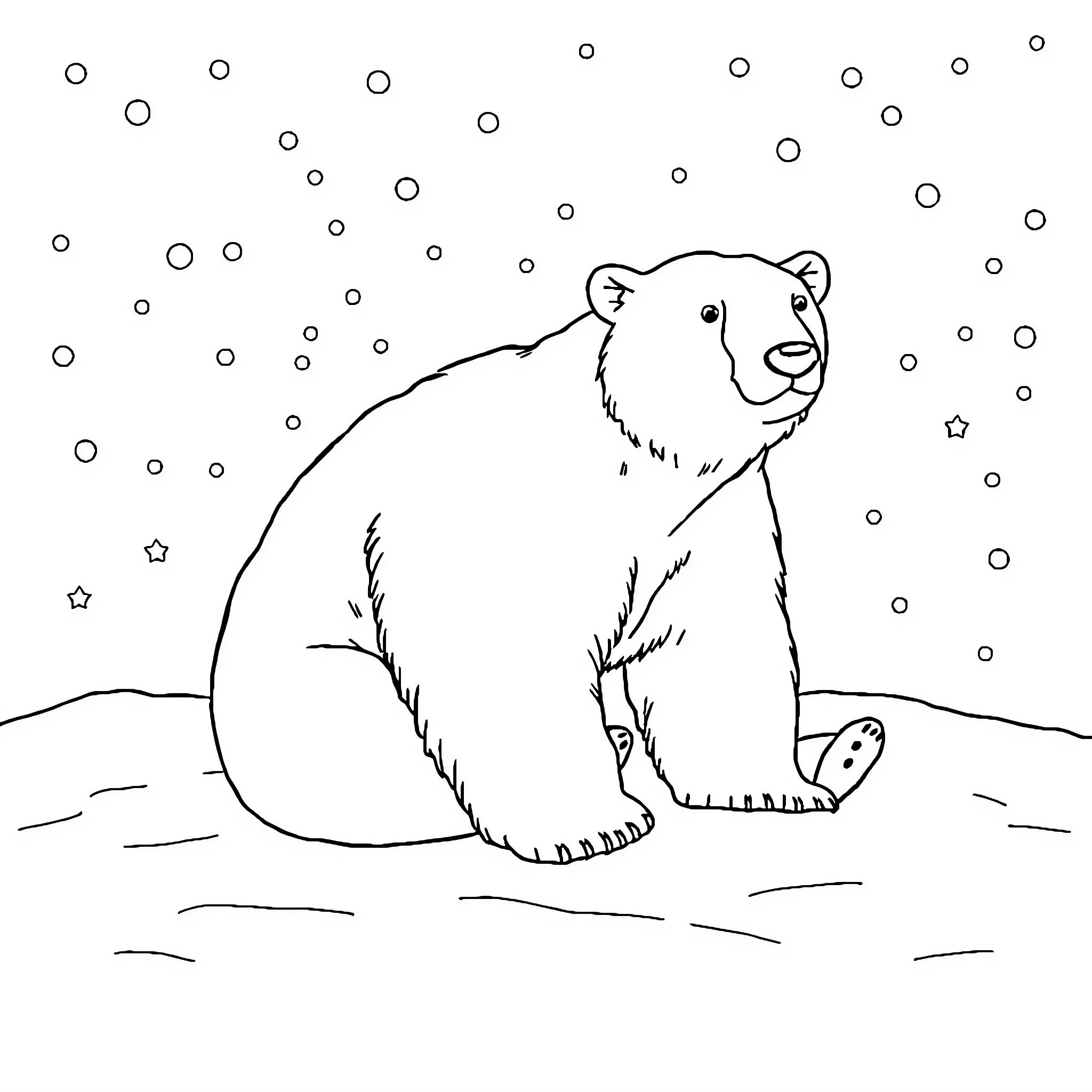 Polar Bear resting on snowy landscape Coloring Page (free black-and-white line drawing printable PDF for all, from beginners to advanced learners, including children, teens, adults, and seniors)