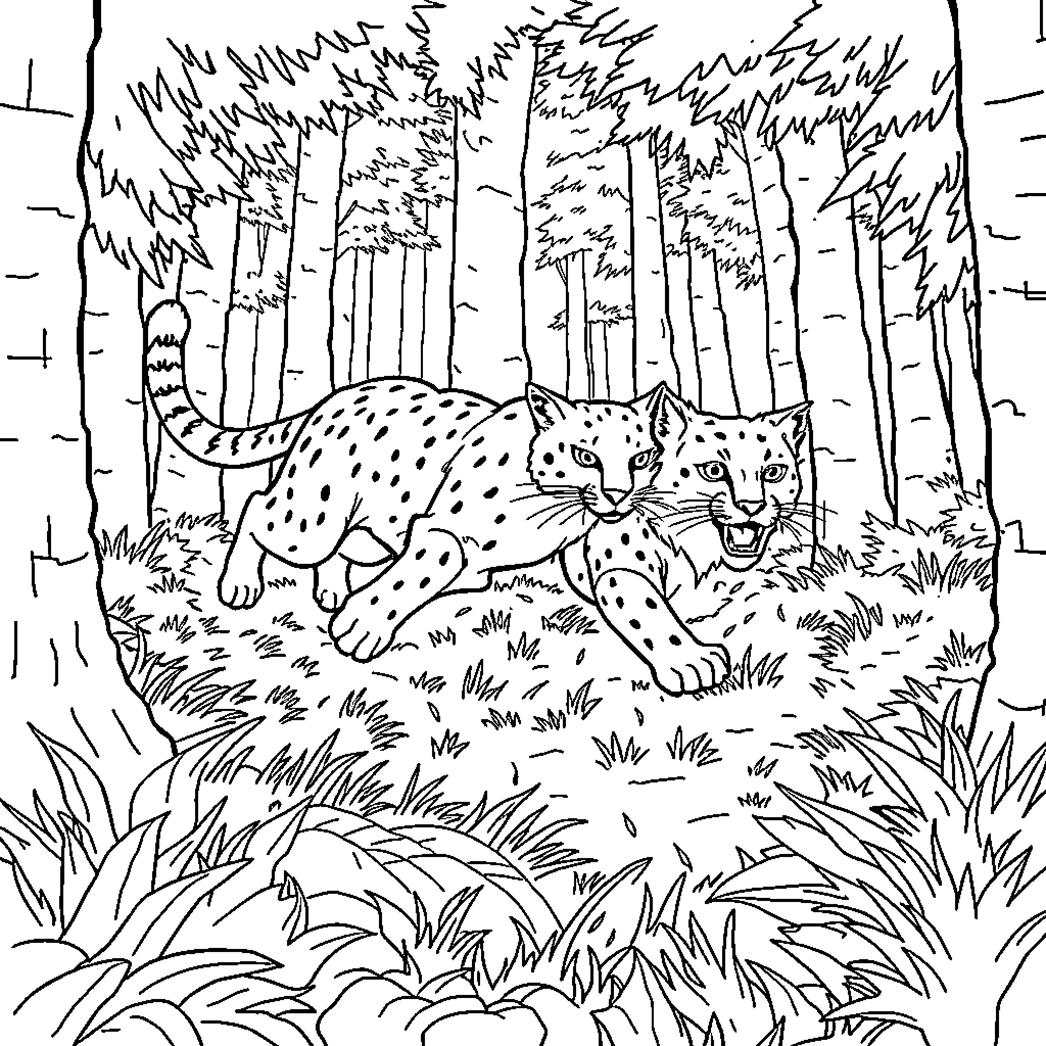 Wildcats stalking prey in the forest Coloring Page (free black-and-white line drawing printable PDF for all, from beginners to advanced learners, including children, teens, adults, and seniors)