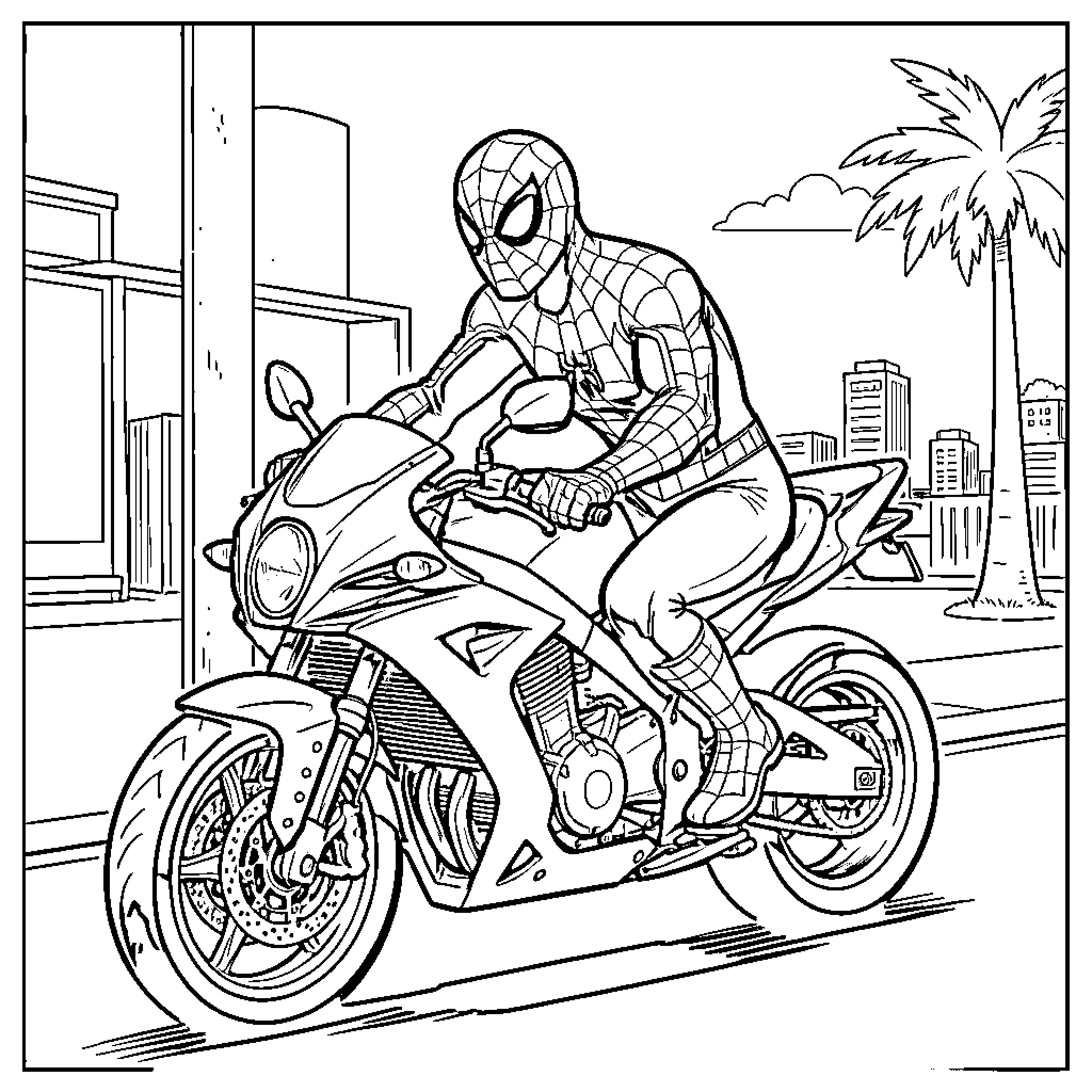 Spiderman speeding on motorcycle through city Coloring Page (free black-and-white line drawing printable PDF for all, from beginners to advanced learners, including children, teens, adults, and seniors)