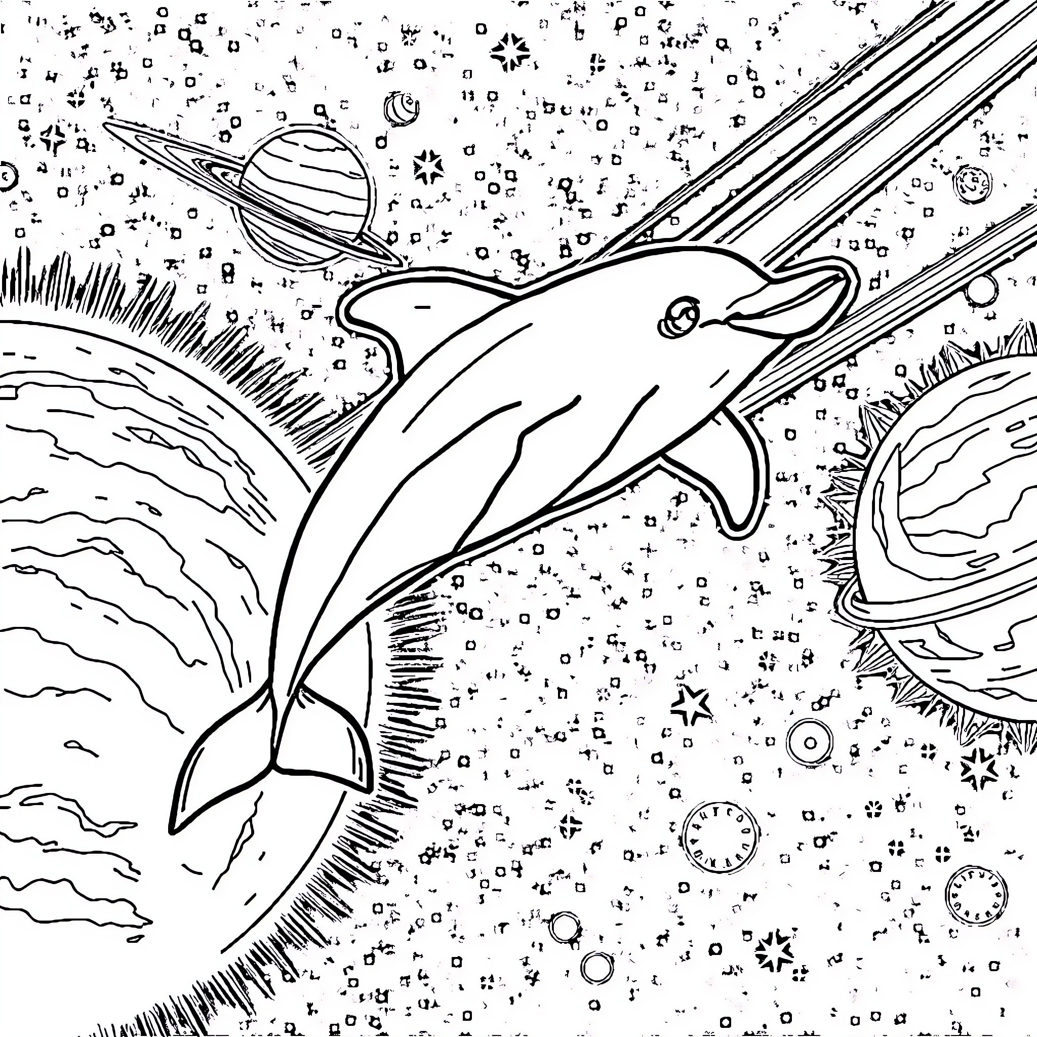 Dolphin swimming in the cosmic ocean Coloring Page (free black-and-white line drawing printable PDF for all, from beginners to advanced learners, including children, teens, adults, and seniors)
