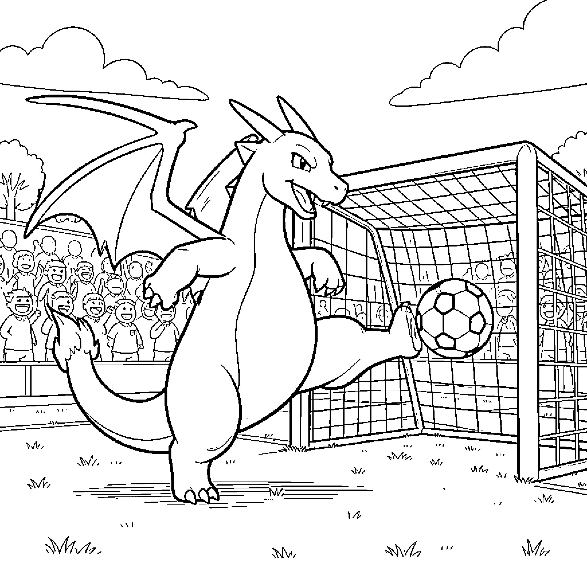 Charizard playing soccer with a crowd watching Coloring Page (free black-and-white line drawing printable PDF for all, from beginners to advanced learners, including children, teens, adults, and seniors)