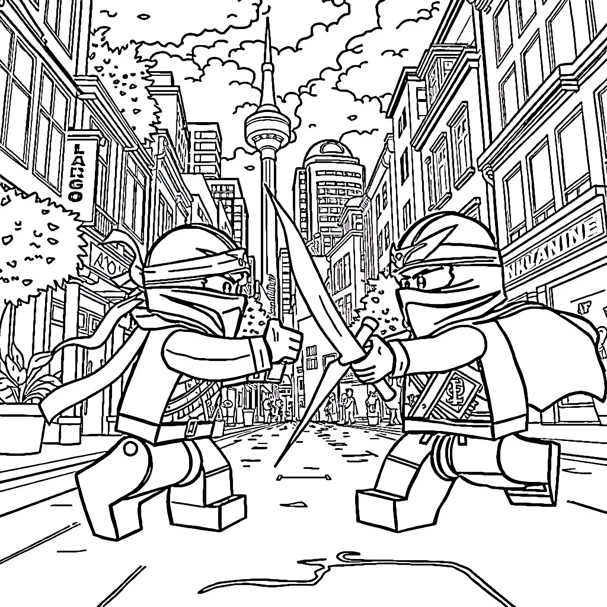 Ninjago ninjas in action in the city Coloring Page (free black-and-white line drawing printable PDF for all, from beginners to advanced learners, including children, teens, adults, and seniors)