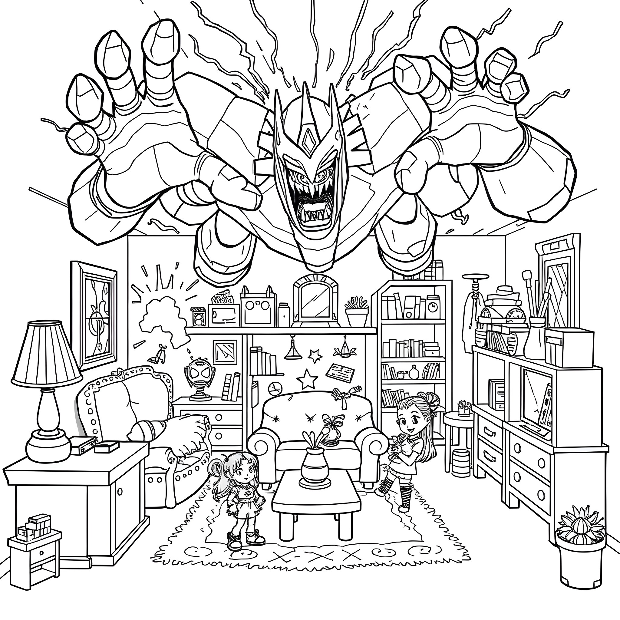Gabby's Dollhouse: Playful adventures in a whimsical room Coloring Page (free black-and-white line drawing printable PDF for all, from beginners to advanced learners, including children, teens, adults, and seniors)