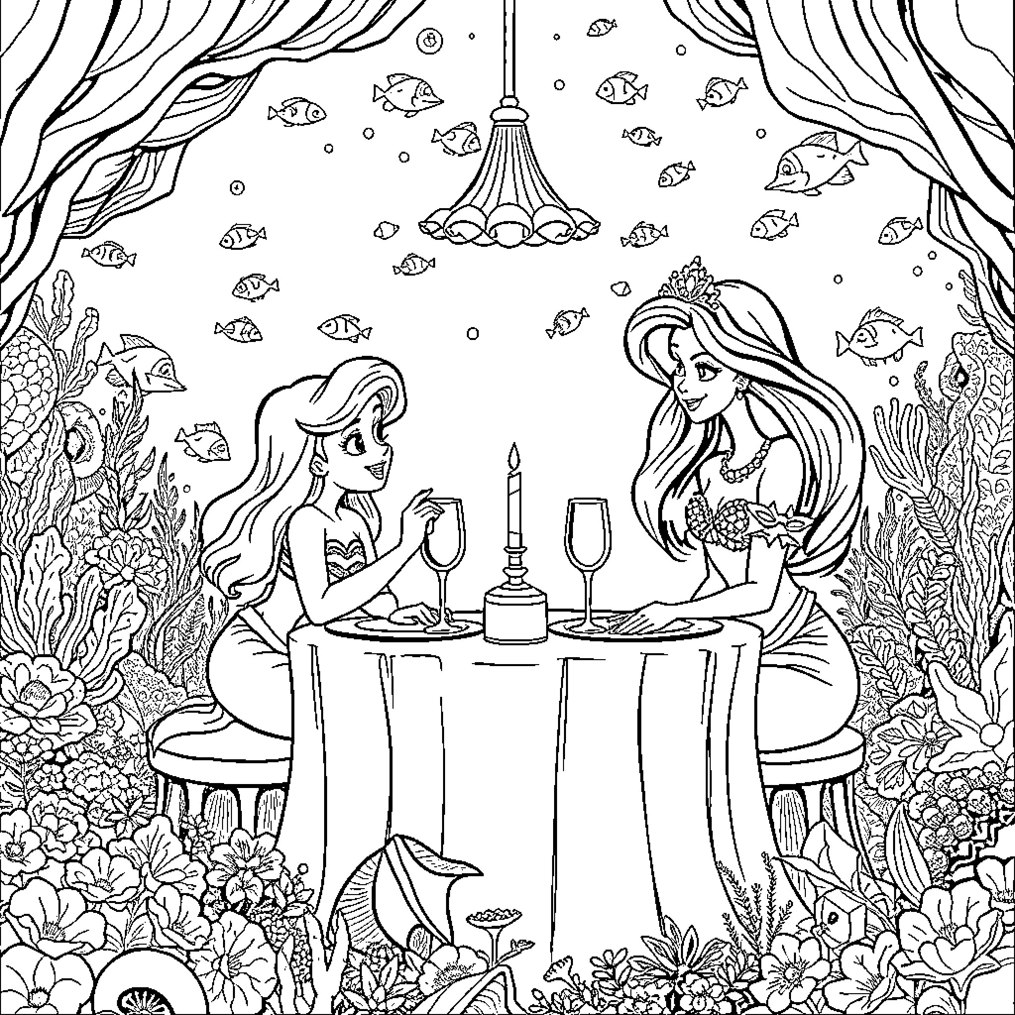Mermaid friends enjoying a candlelit dinner underwater Coloring Page (free black-and-white line drawing printable PDF for all, from beginners to advanced learners, including children, teens, adults, and seniors)