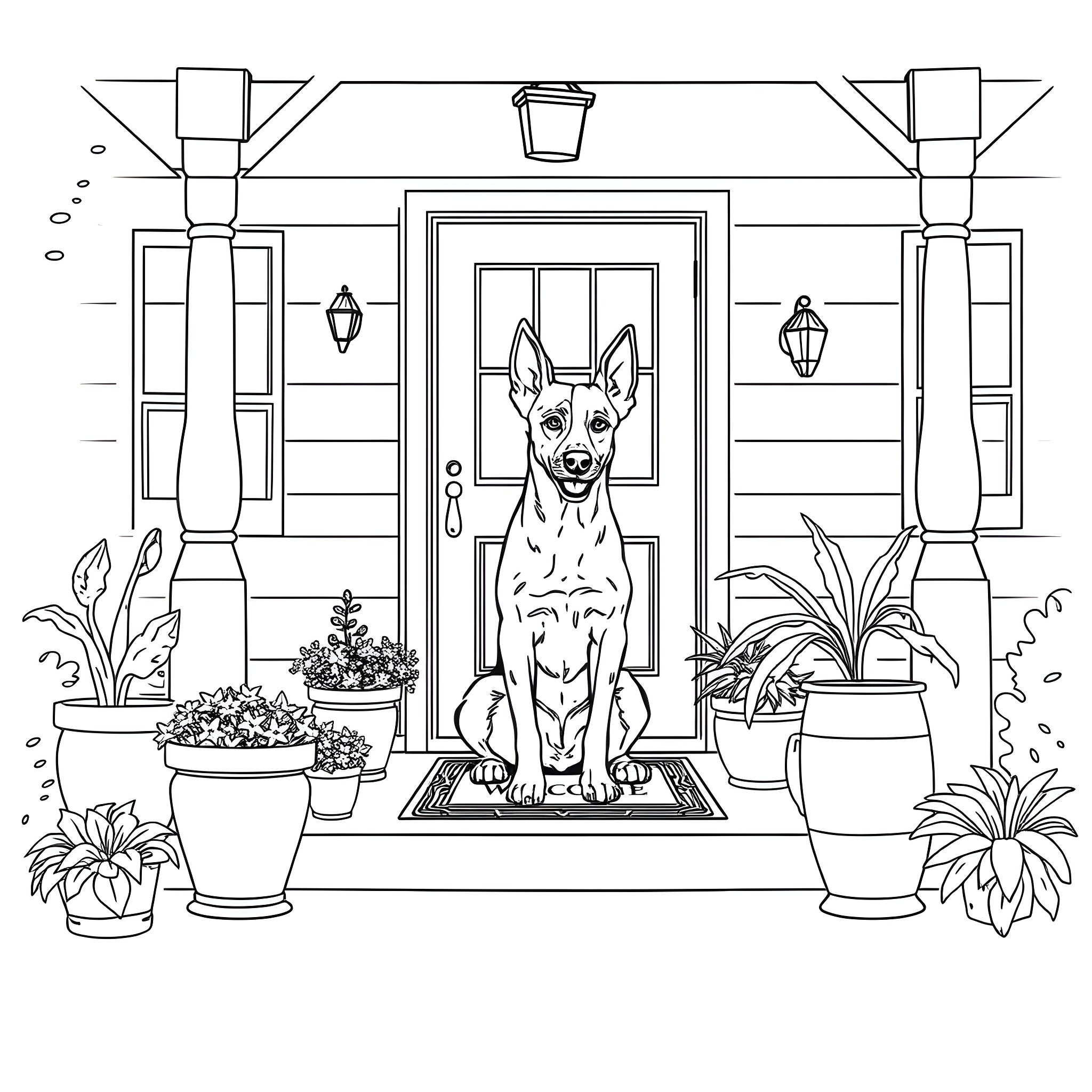 Heeler Sitting Proudly on Porch with Flowers Coloring Page (free black-and-white line drawing printable PDF for all, from beginners to advanced learners, including children, teens, adults, and seniors)