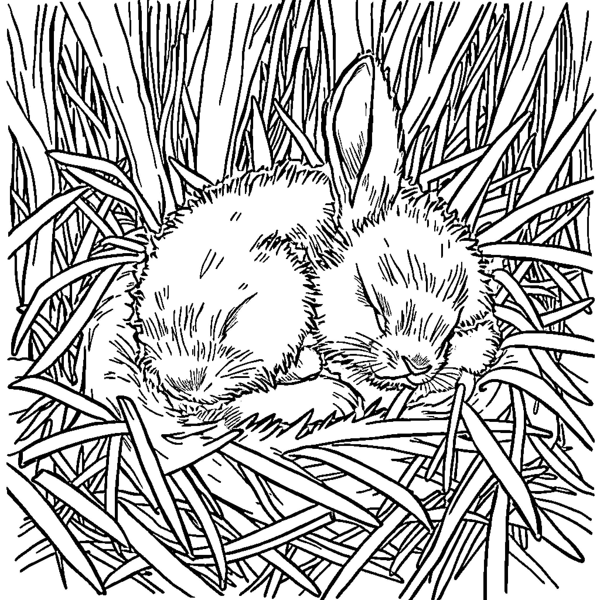 Rabbit sleeping peacefully in tall grass Coloring Page (free black-and-white line drawing printable PDF for all, from beginners to advanced learners, including children, teens, adults, and seniors)