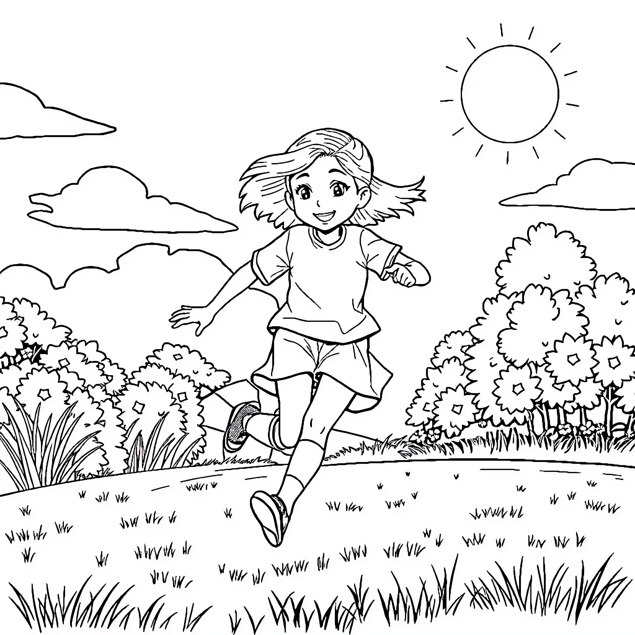 Girl happily running through nature Coloring Page (free black-and-white line drawing printable PDF for all, from beginners to advanced learners, including children, teens, adults, and seniors)