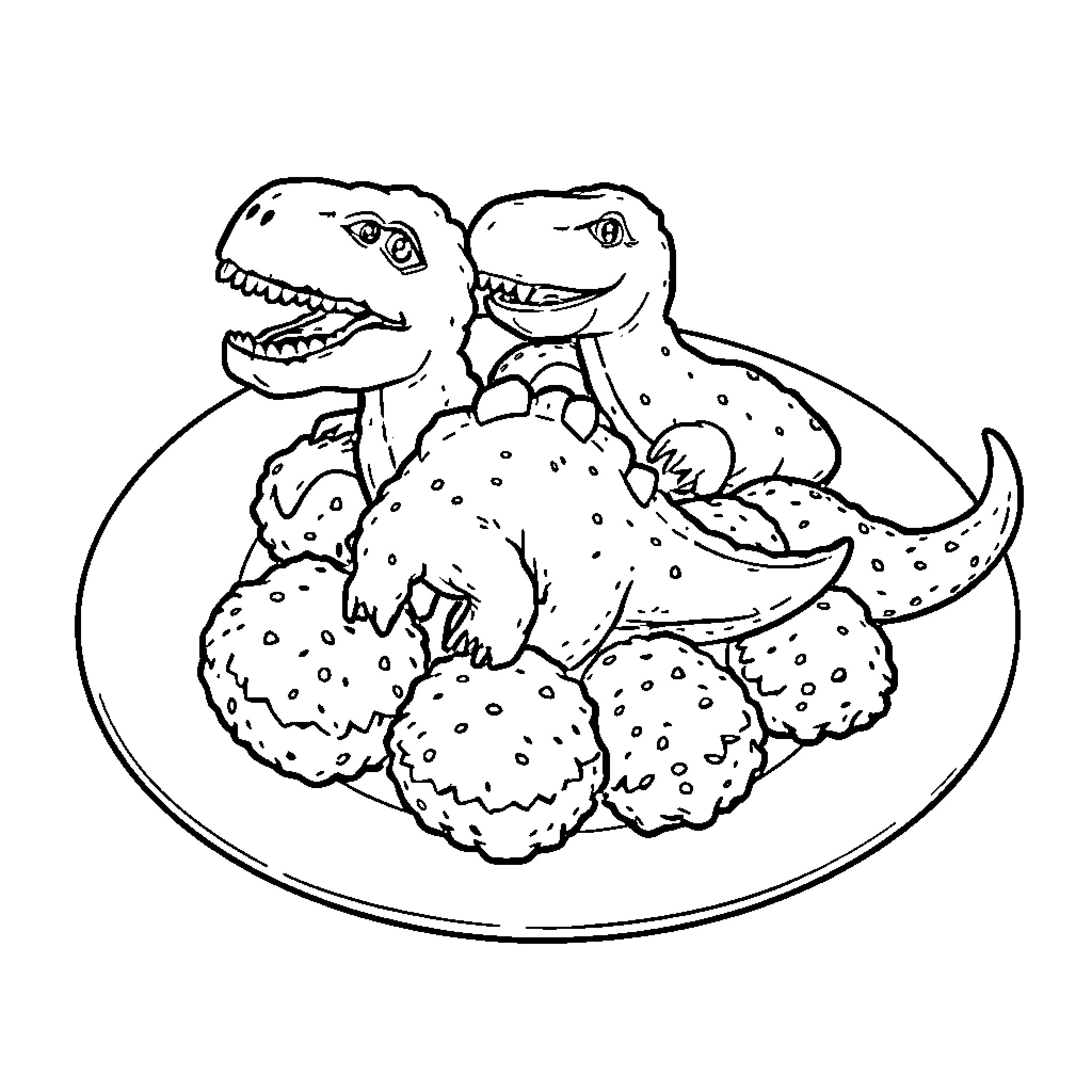 Dino Dinosaur Feast with Tasty Treats Coloring Page (free black-and-white line drawing printable PDF for all, from beginners to advanced learners, including children, teens, adults, and seniors)