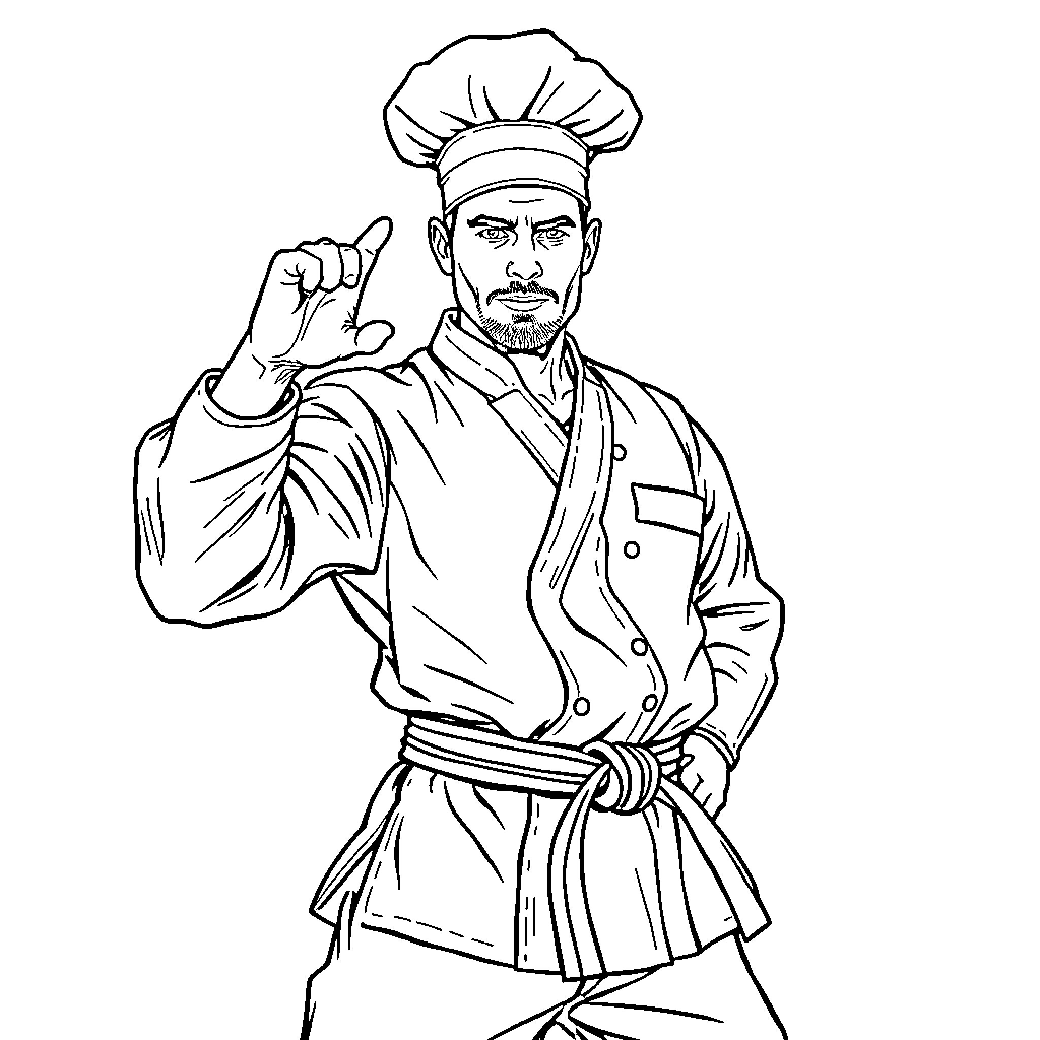 Chef in Traditional Uniform Gesturing Approval Coloring Page (free black-and-white line drawing printable PDF for all, from beginners to advanced learners, including children, teens, adults, and seniors)