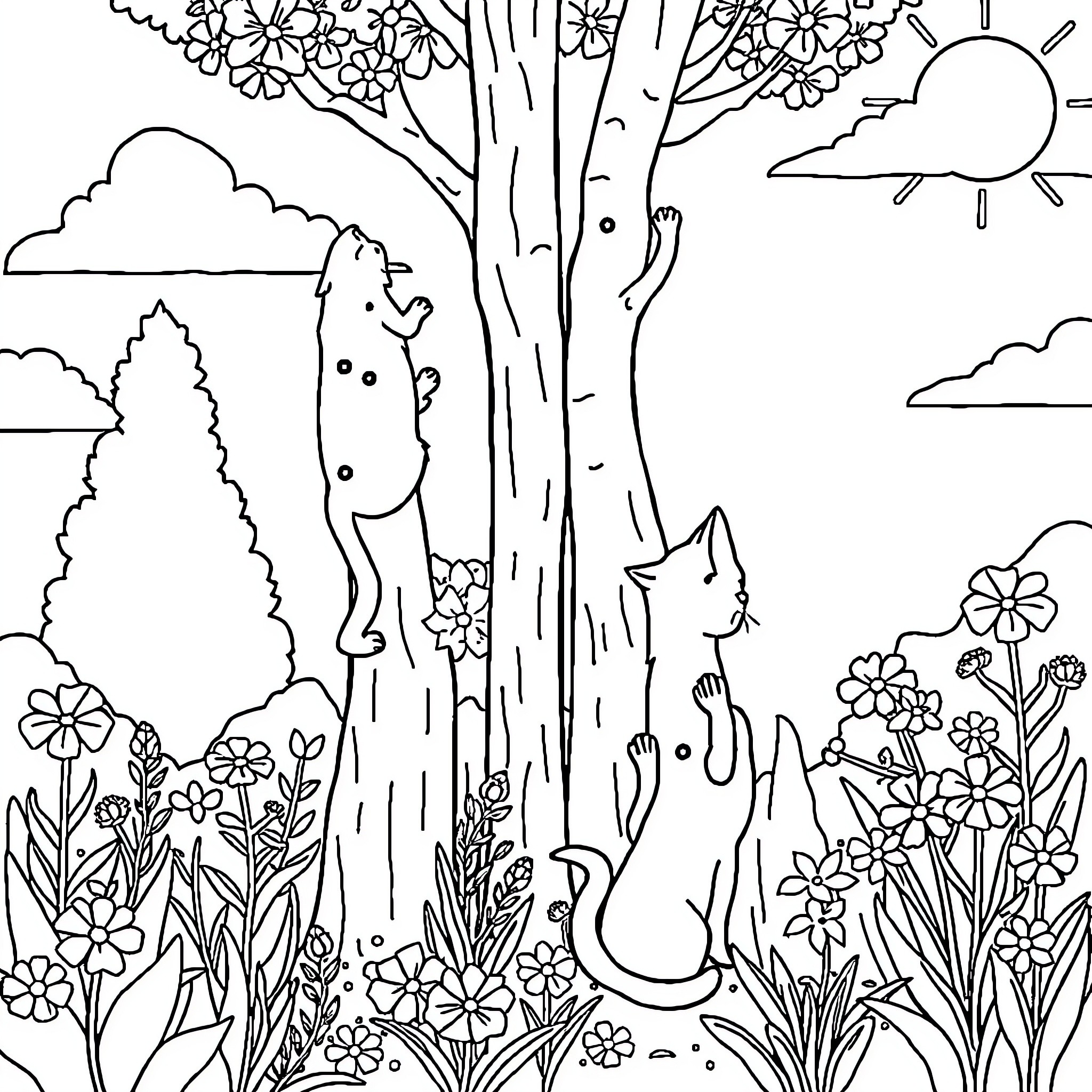 Cats Exploring the Floral Landscape Coloring Page (free black-and-white line drawing printable PDF for all, from beginners to advanced learners, including children, teens, adults, and seniors)