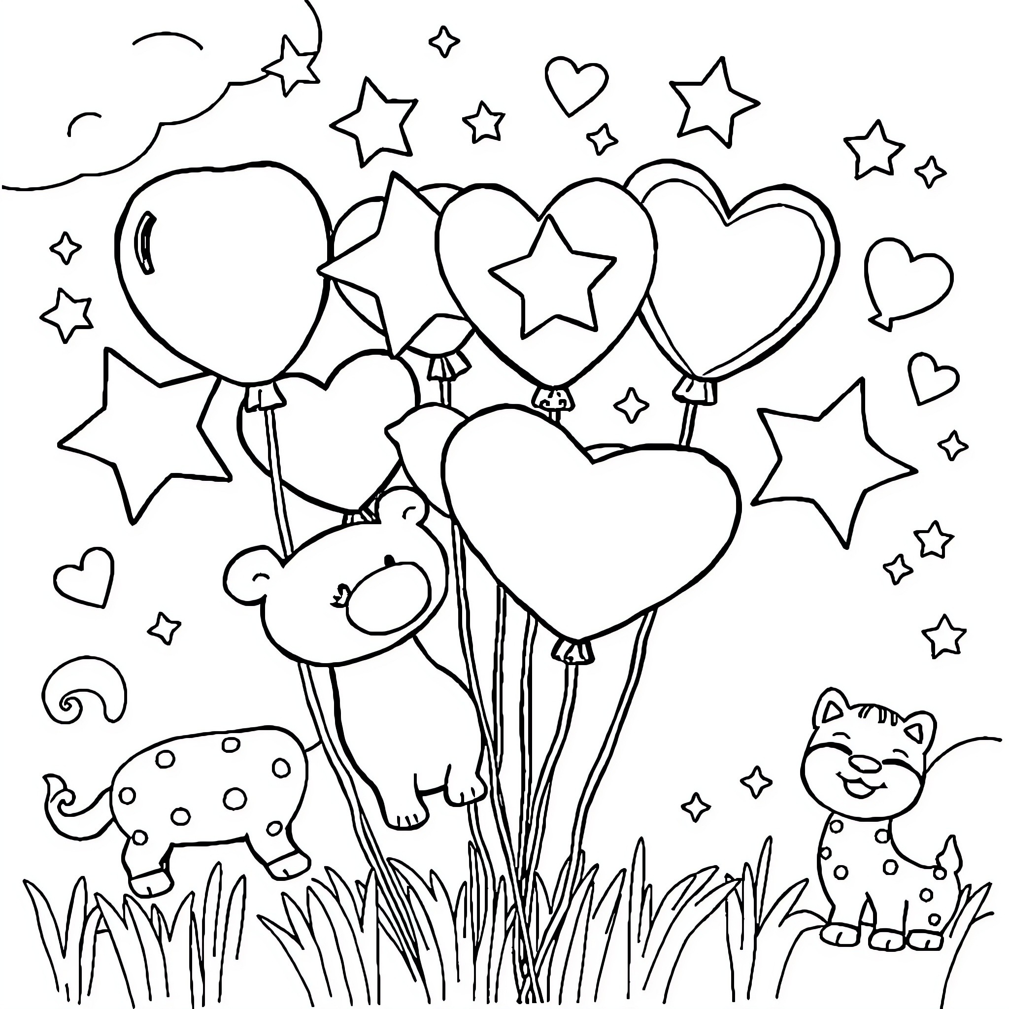 Balloon heart-shaped and star-themed celebration Coloring Page (free black-and-white line drawing printable PDF for all, from beginners to advanced learners, including children, teens, adults, and seniors)